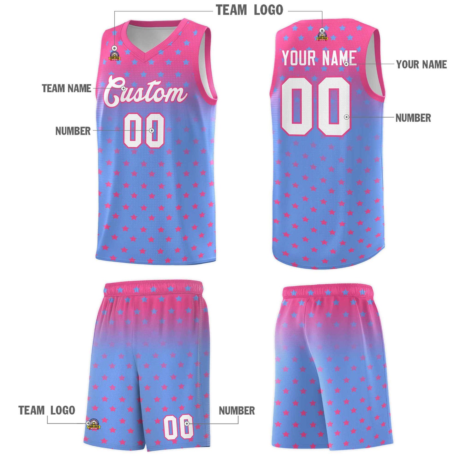 Custom Pink Light Blue Gradient Start Pattern Basketball Jersey Sets