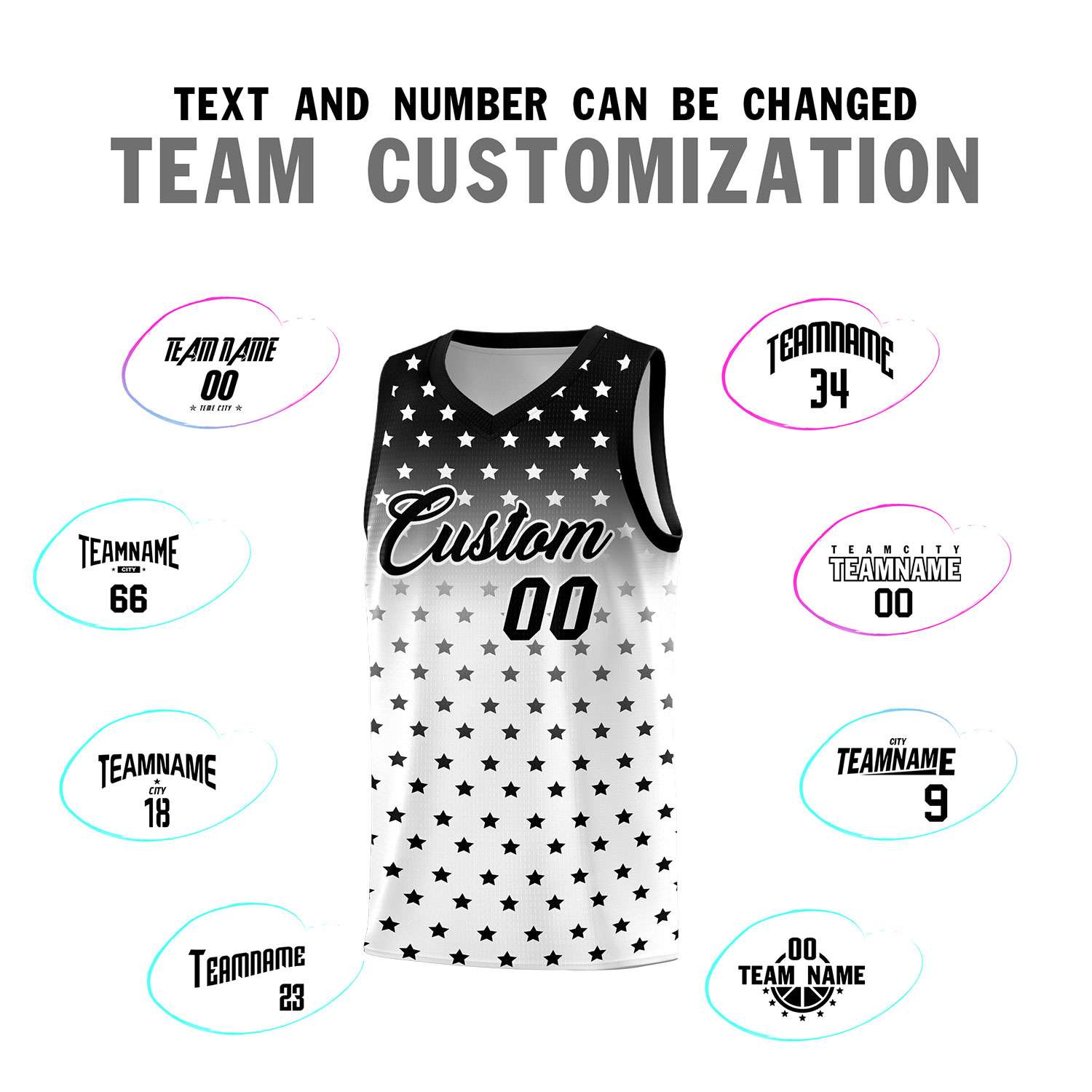 Custom Black White Gradient Start Pattern Basketball Jersey Sets