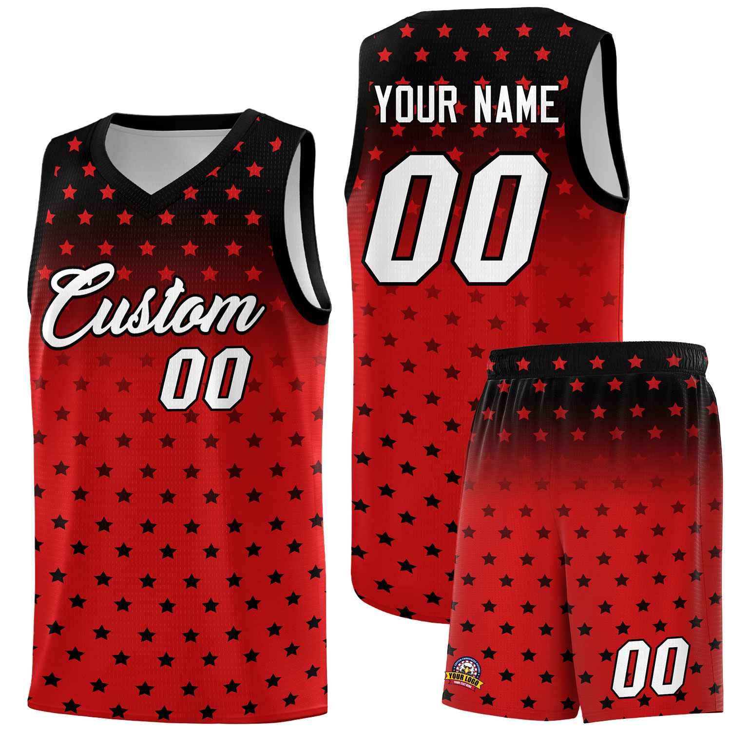 Custom Black Red Gradient Start Pattern Basketball Jersey Sets