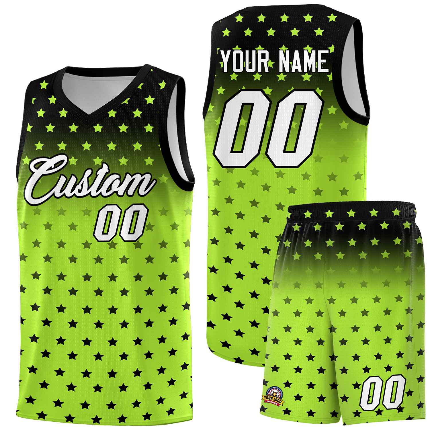 Custom Black Light Green Gradient Start Pattern Basketball Jersey Sets