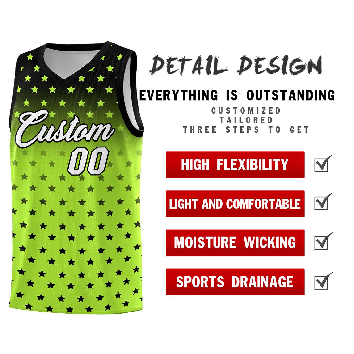 Custom Black Light Green Gradient Start Pattern Basketball Jersey Sets