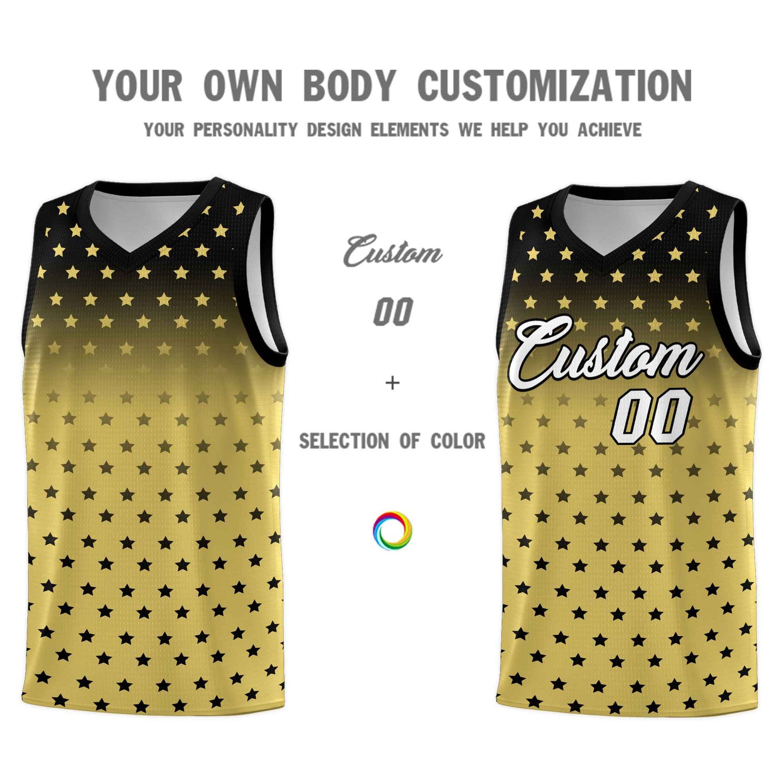 Custom Black Old Gold Gradient Start Pattern Basketball Jersey Sets