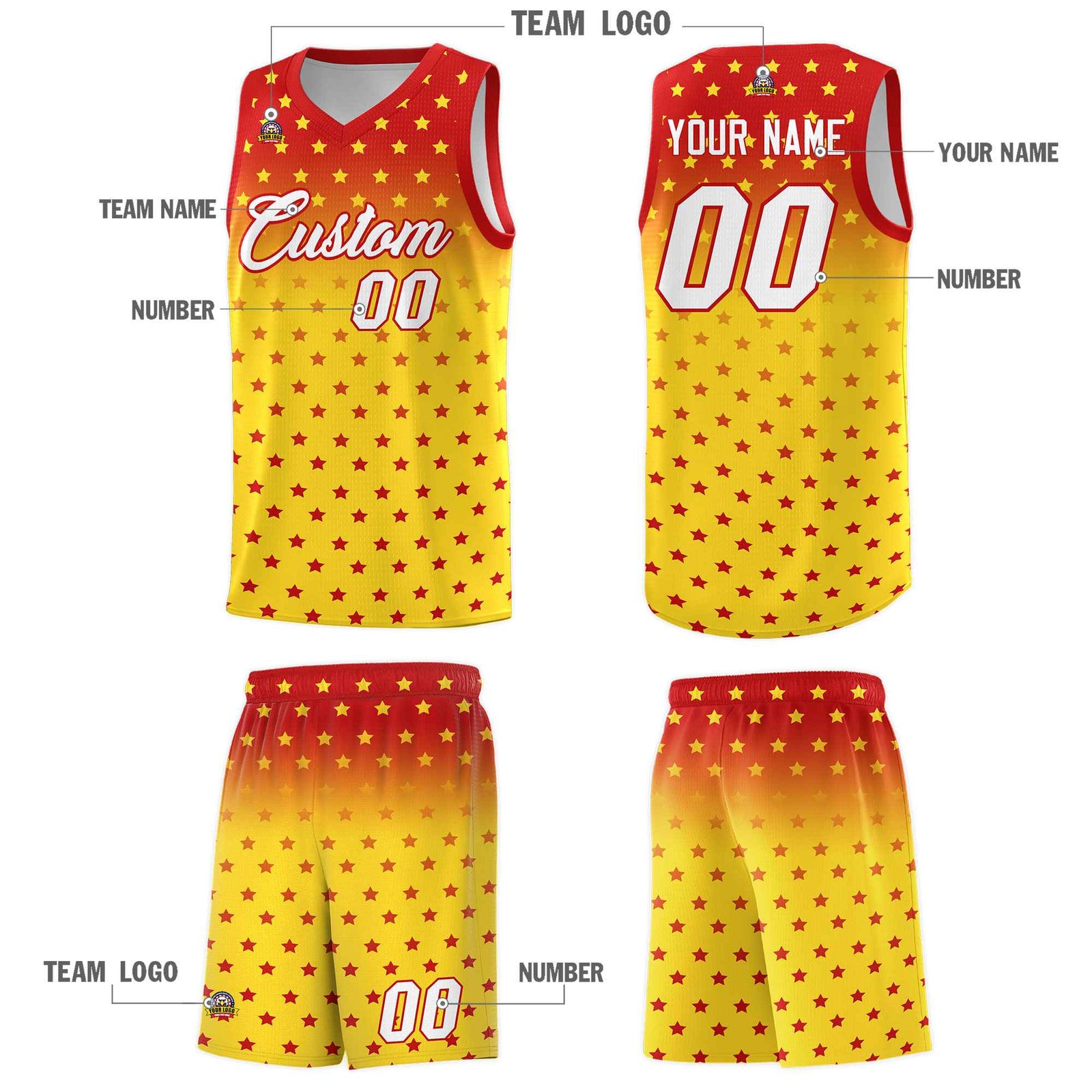 Custom Red Gold Gradient Start Pattern Basketball Jersey Sets