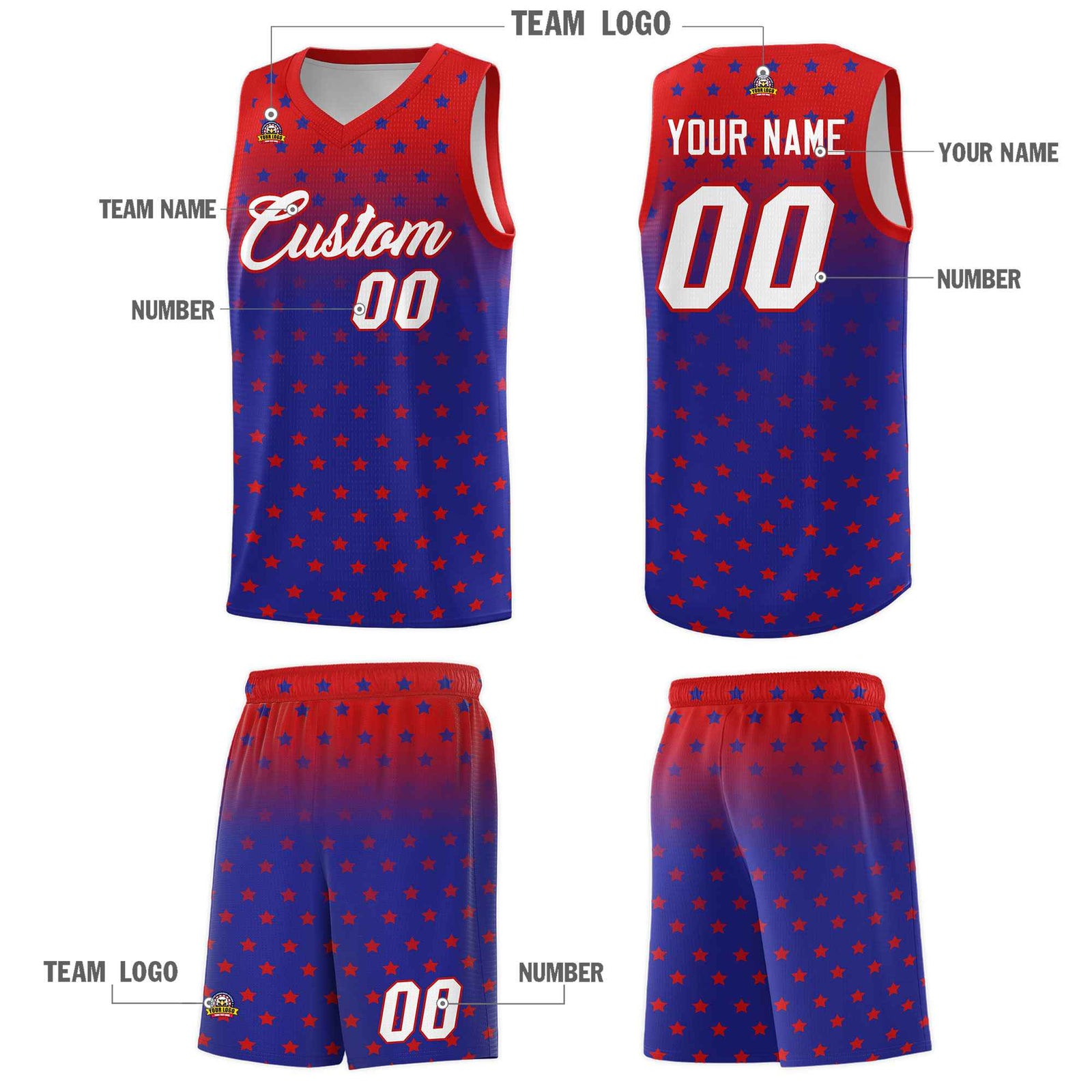 Custom Red Royal Gradient Start Pattern Basketball Jersey Sets
