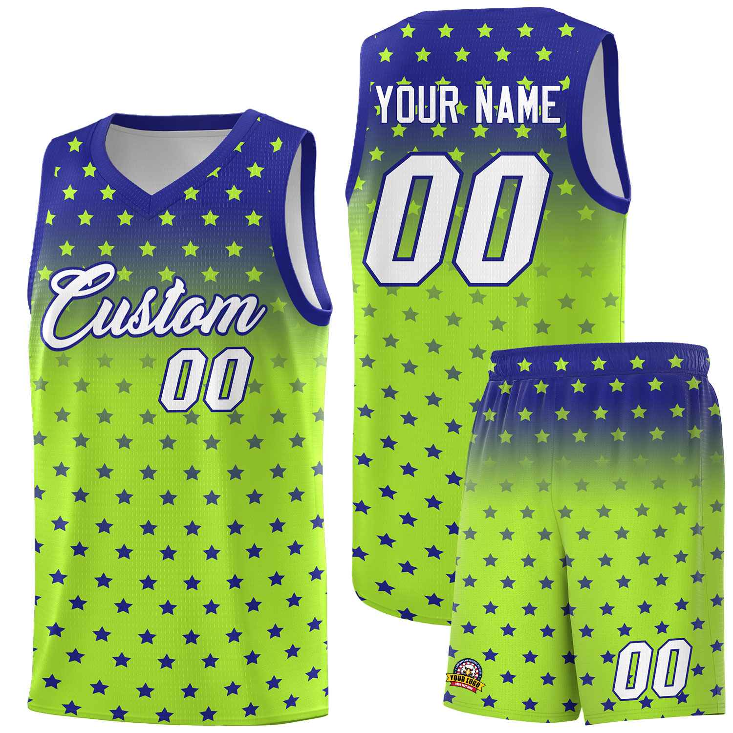 Custom Royal Light Green Gradient Start Pattern Basketball Jersey Sets