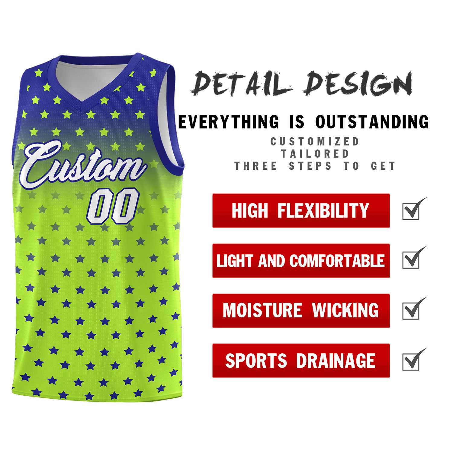 Custom Royal Light Green Gradient Start Pattern Basketball Jersey Sets