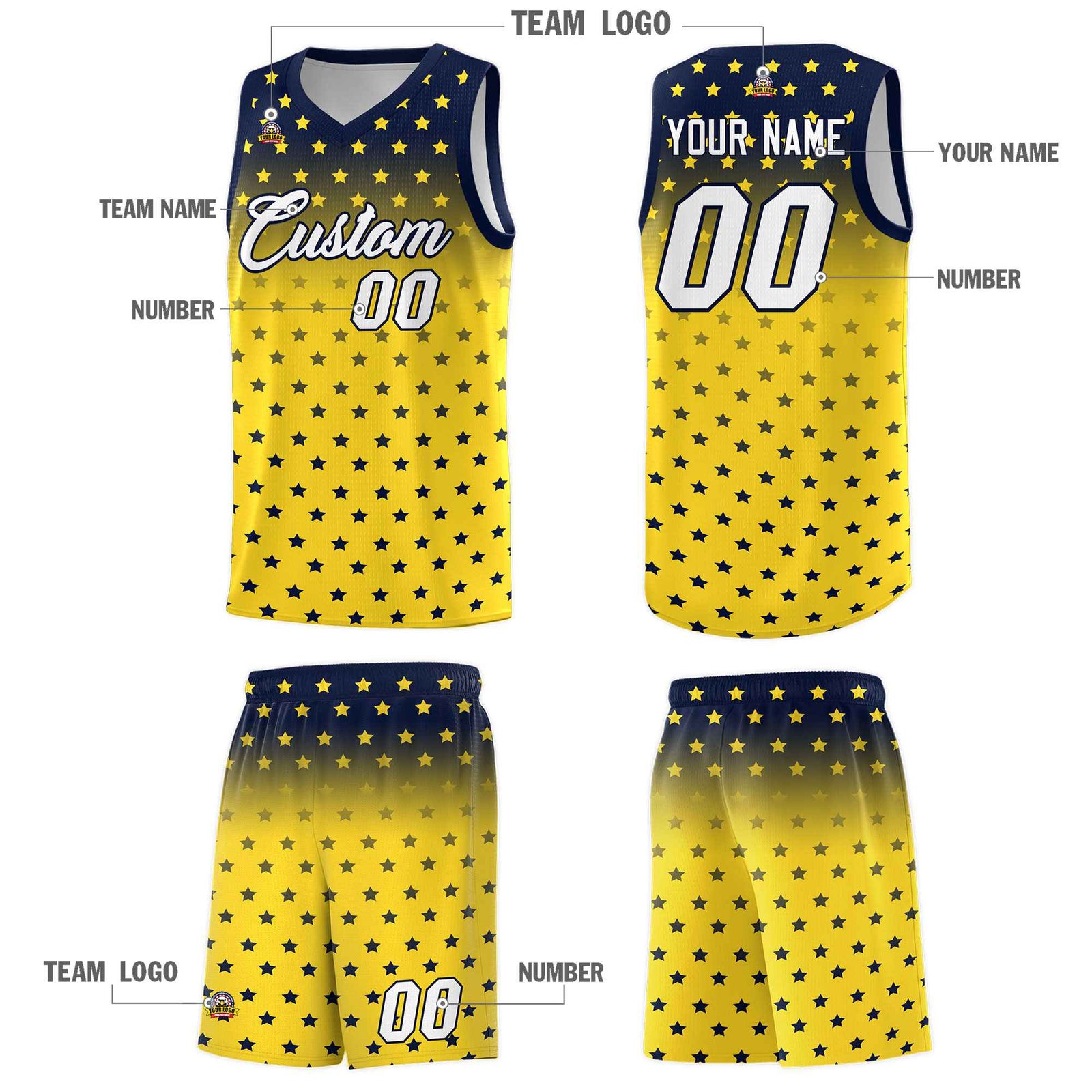Custom Navy Gold Gradient Start Pattern Basketball Jersey Sets