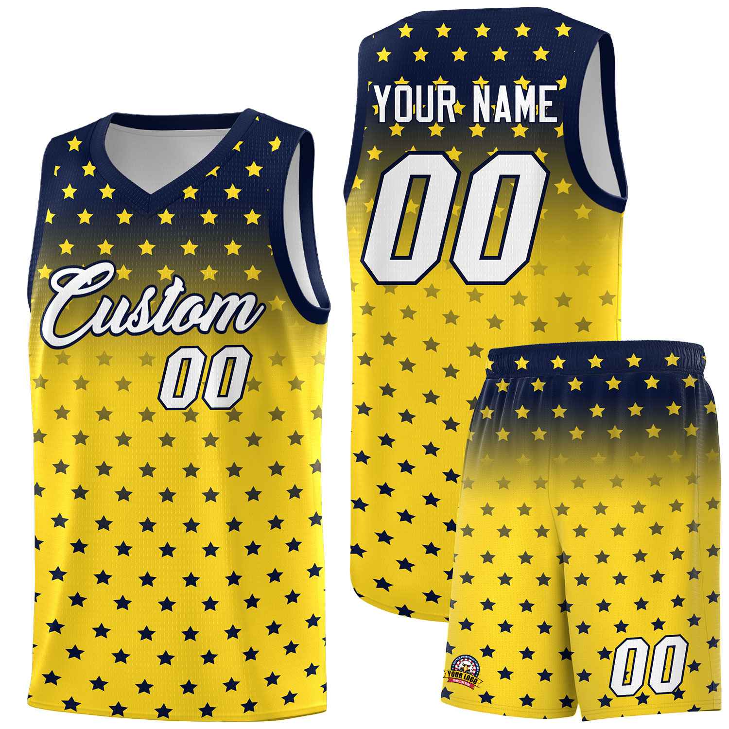 Custom Navy Gold Gradient Start Pattern Basketball Jersey Sets