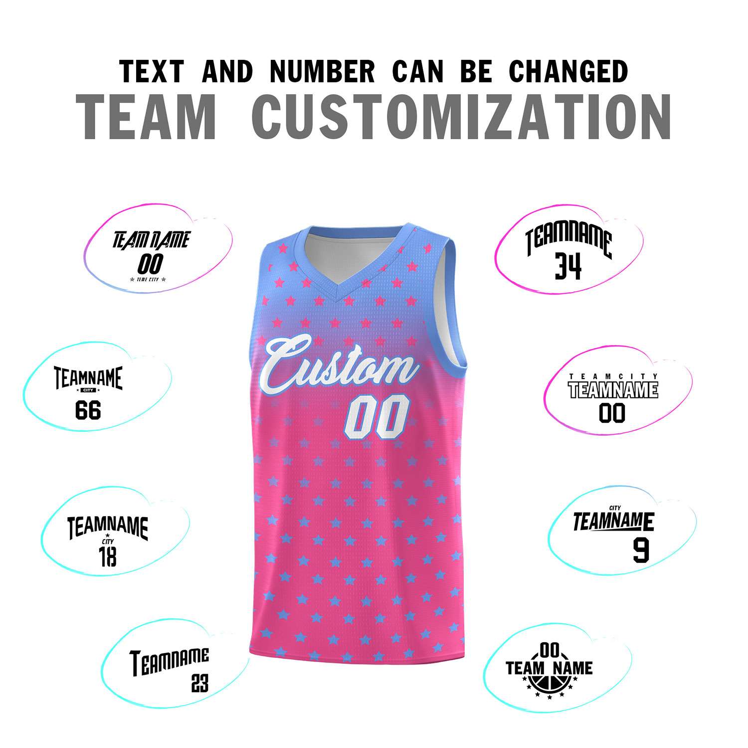 Custom Light Blue Pink Gradient Start Pattern Basketball Jersey Sets