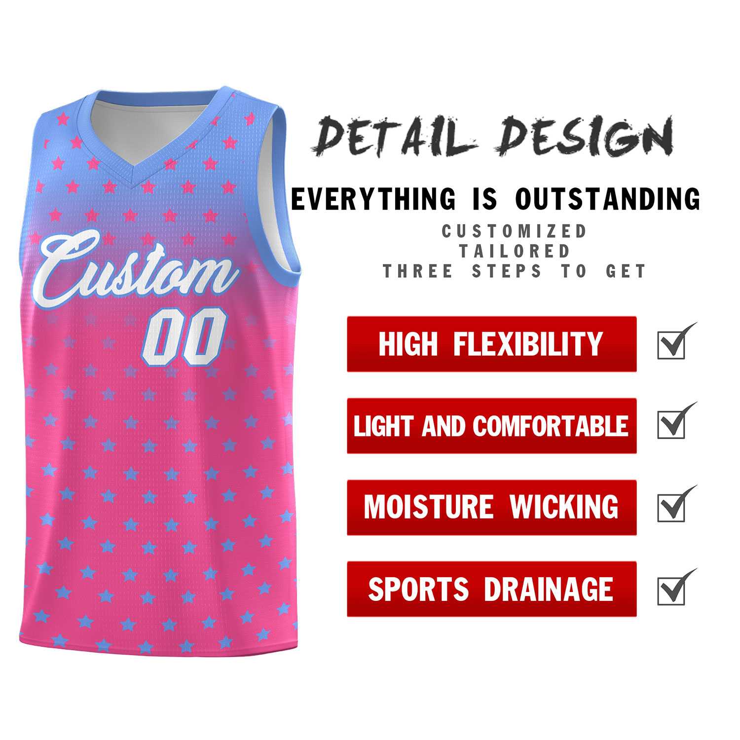 Custom Light Blue Pink Gradient Start Pattern Basketball Jersey Sets
