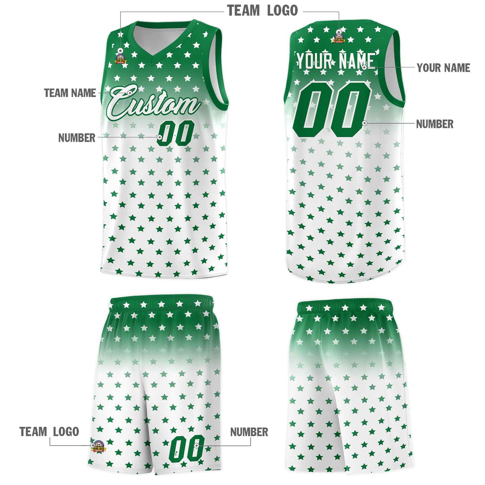 Custom Kelly Green White Gradient Start Pattern Basketball Jersey Sets
