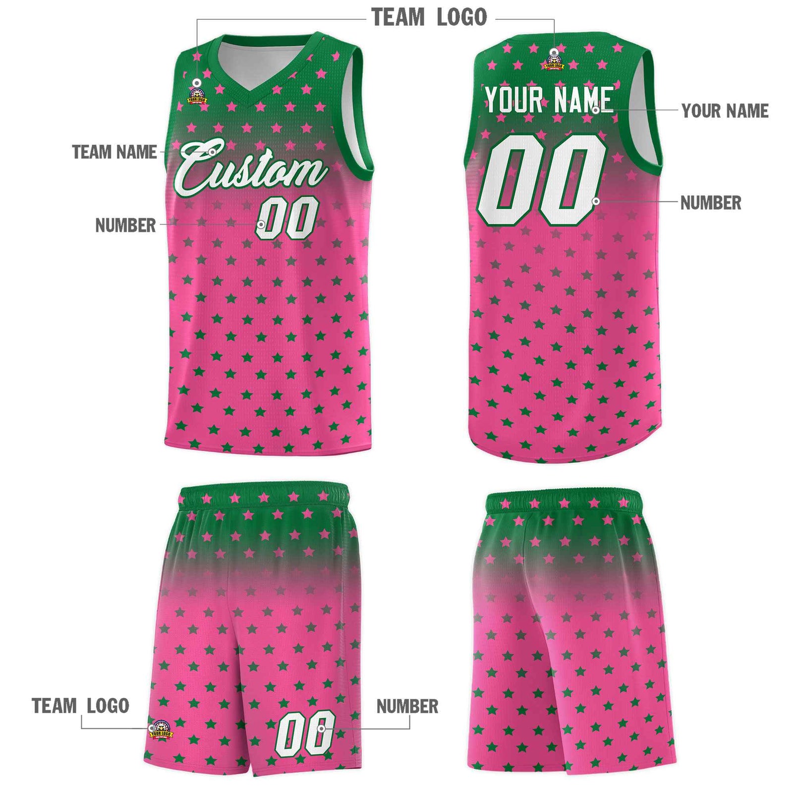 Custom Kelly Green Pink Gradient Start Pattern Basketball Jersey Sets
