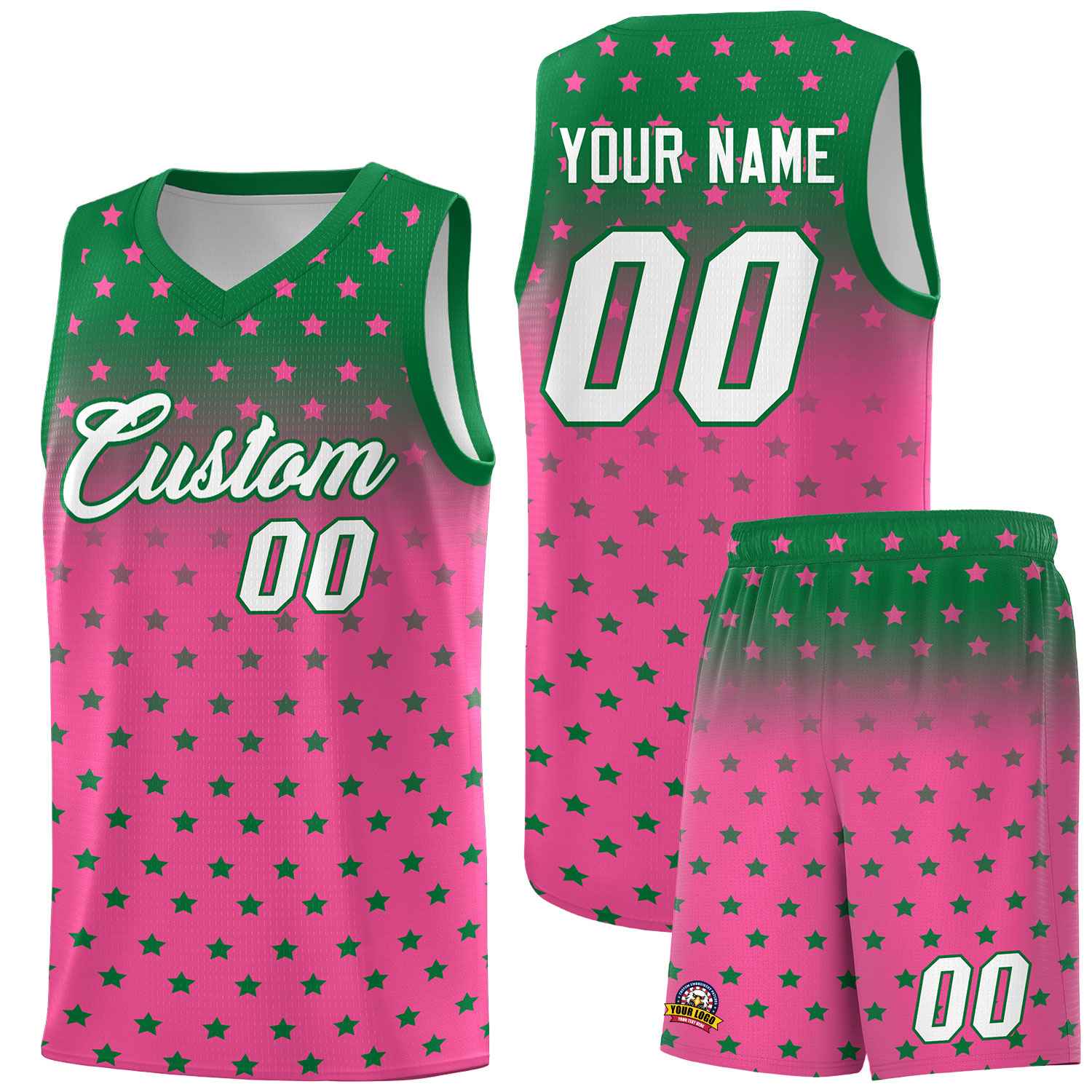 Custom Kelly Green Pink Gradient Start Pattern Basketball Jersey Sets