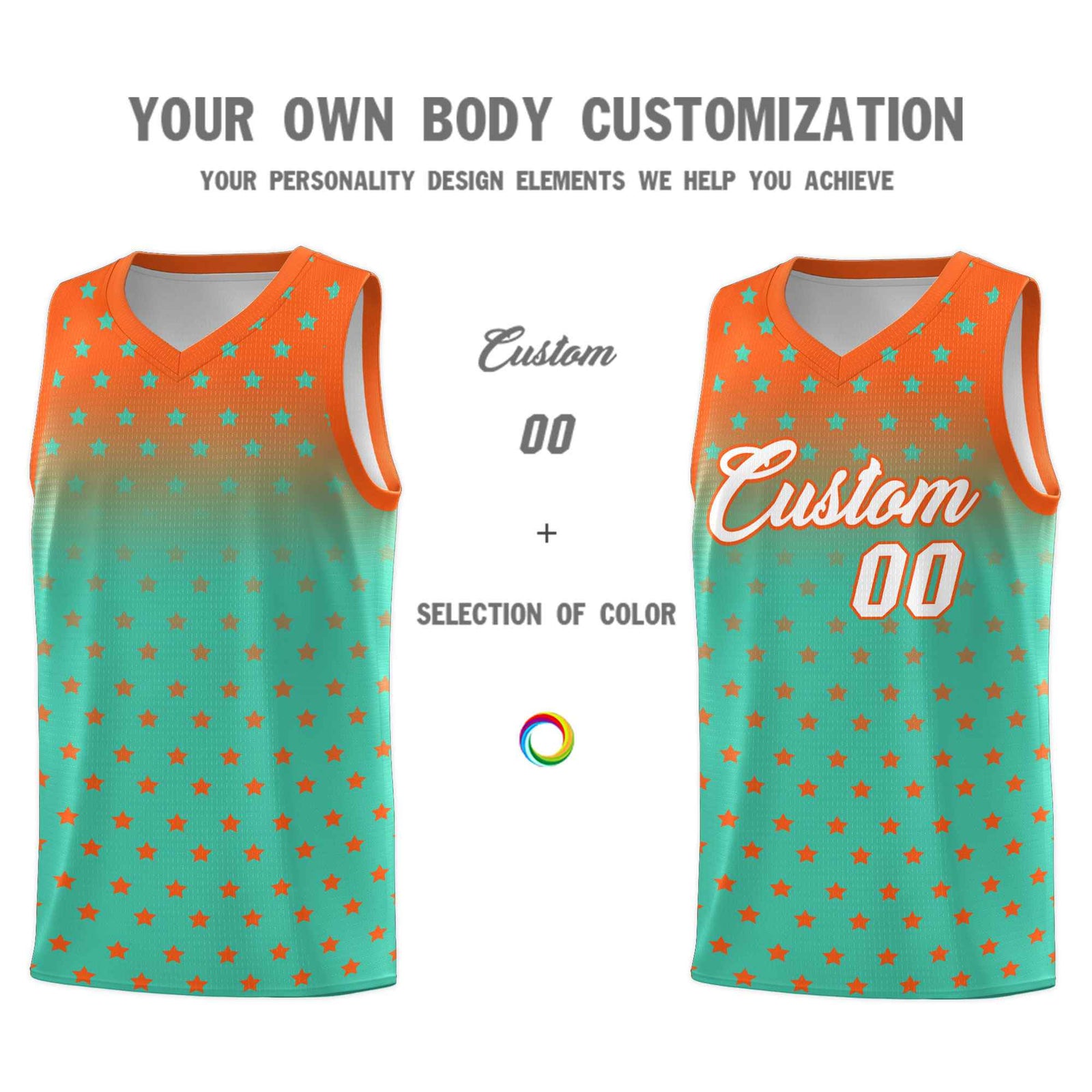 Custom Orange Aqua Gradient Start Pattern Basketball Jersey Sets