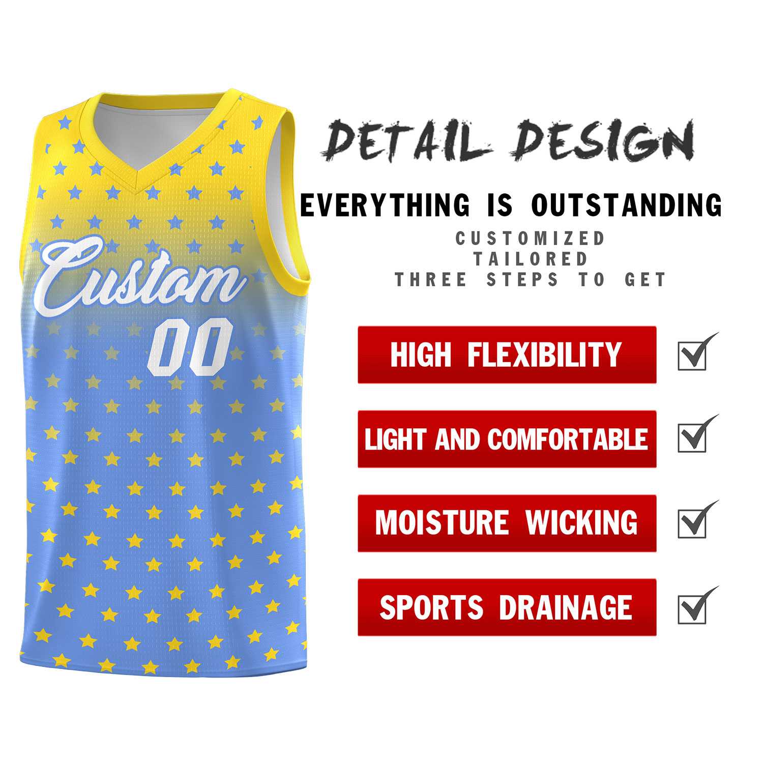 Custom Gold Light Blue Gradient Start Pattern Basketball Jersey Sets