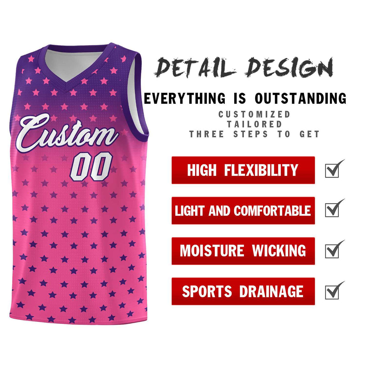 Custom Purple Pink Gradient Start Pattern Basketball Jersey Sets