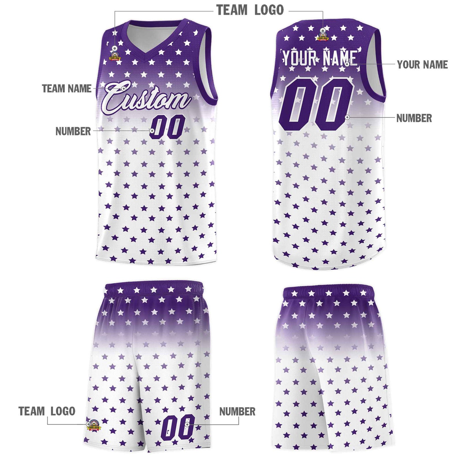Custom Purple White Gradient Start Pattern Basketball Jersey Sets