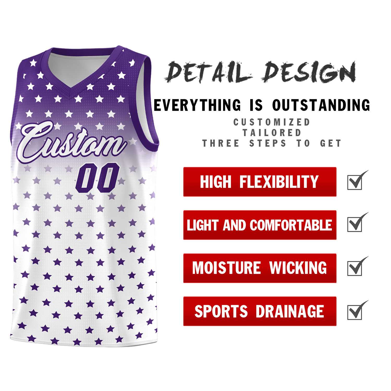 Custom Purple White Gradient Start Pattern Basketball Jersey Sets