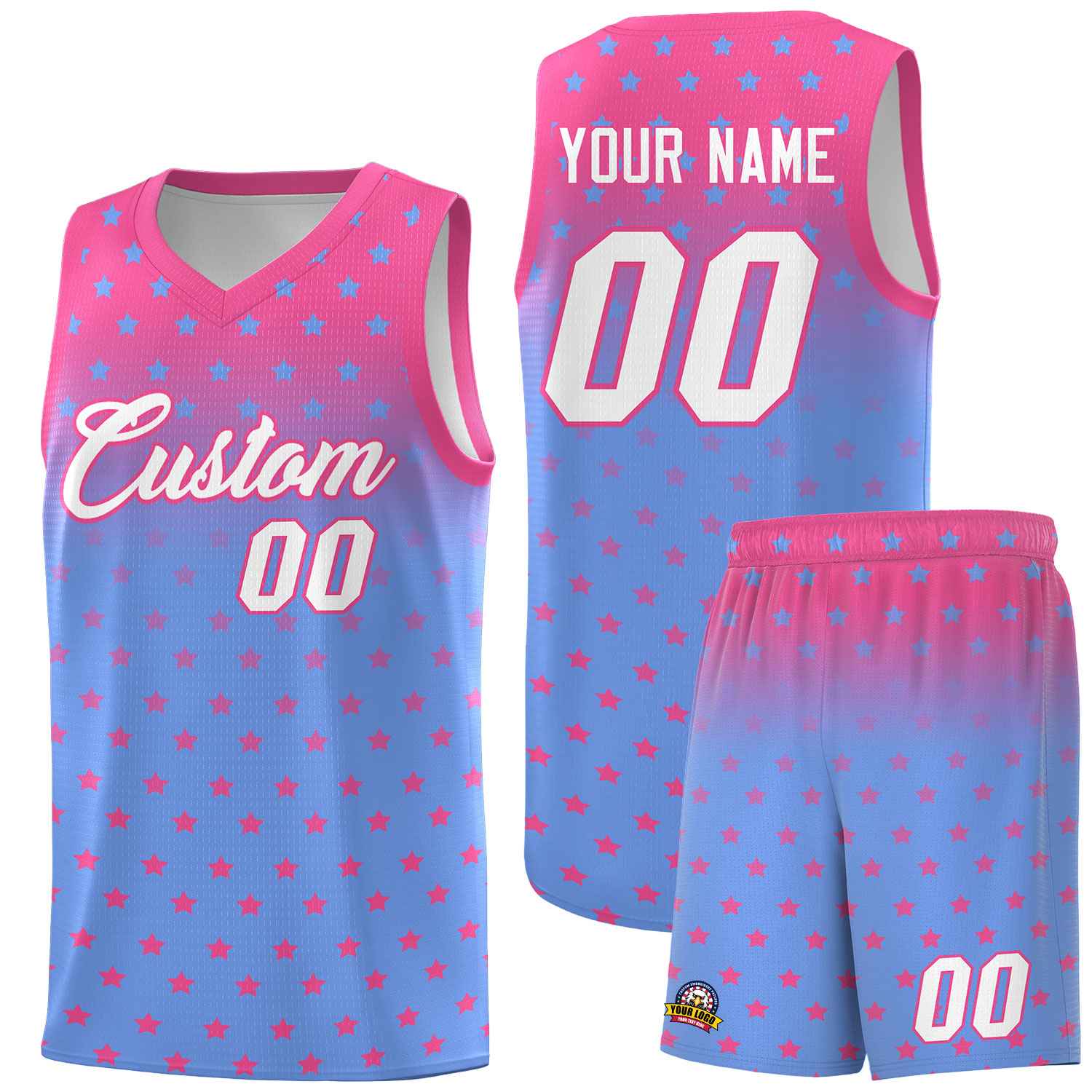 Custom Pink Light Blue Gradient Start Pattern Basketball Jersey Sets