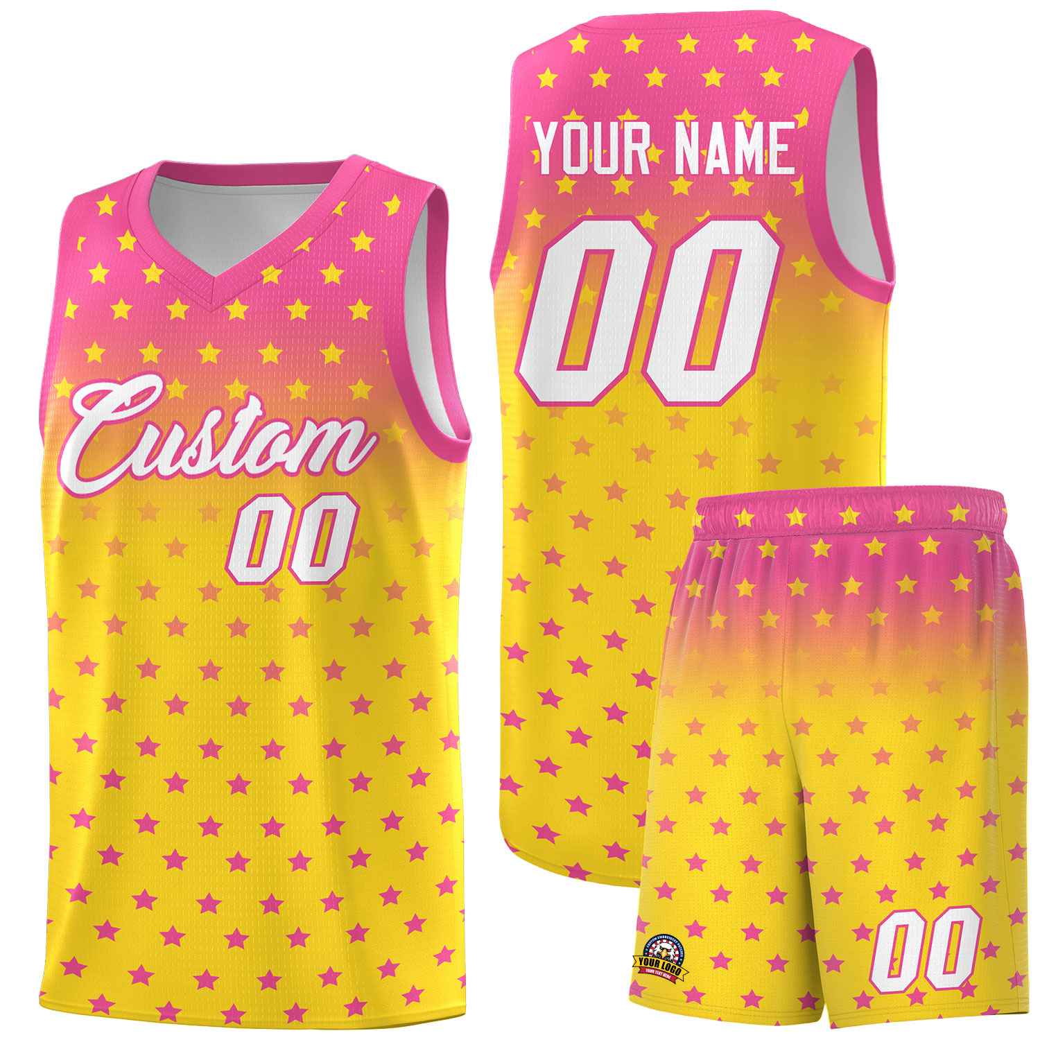 Custom Pink Gold Gradient Start Pattern Basketball Jersey Sets