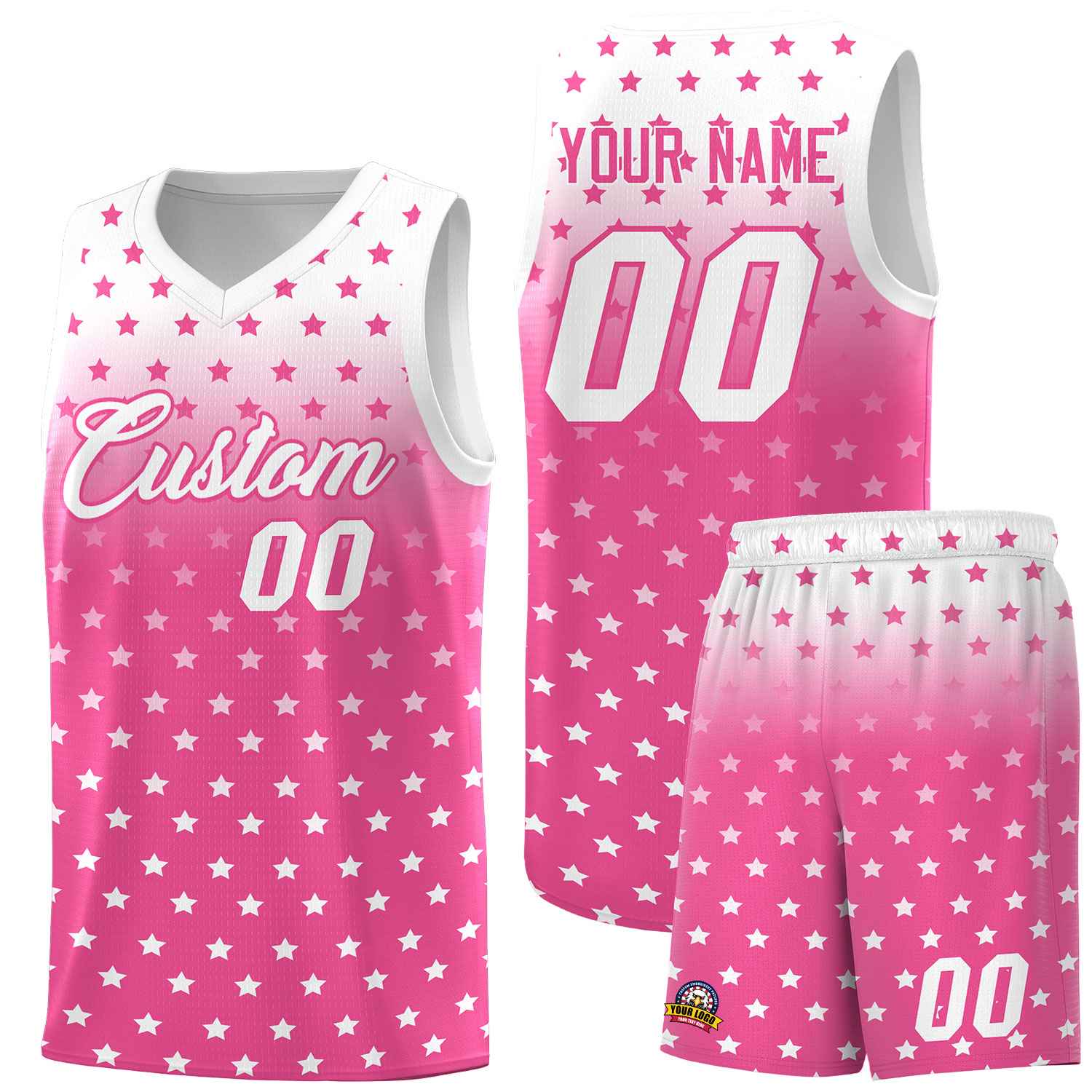 Custom White Pink Gradient Start Pattern Basketball Jersey Sets