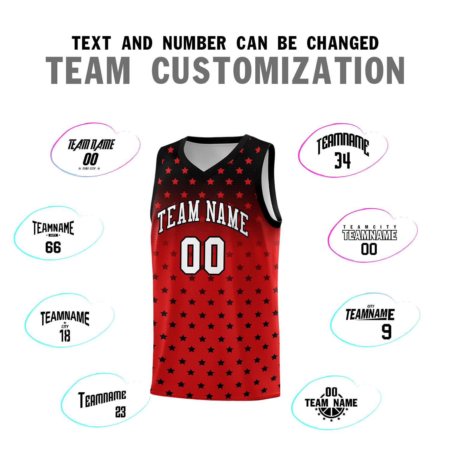 Custom Black Red Gradient Start Pattern Basketball Jersey Sets