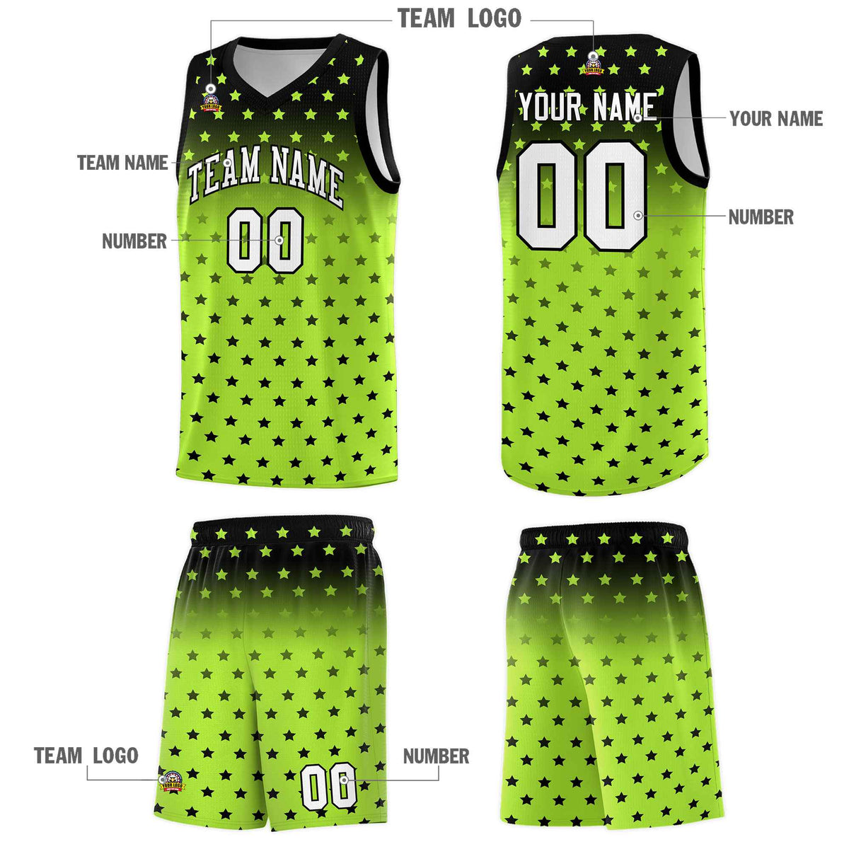 Custom Black Light Green Gradient Start Pattern Basketball Jersey Sets