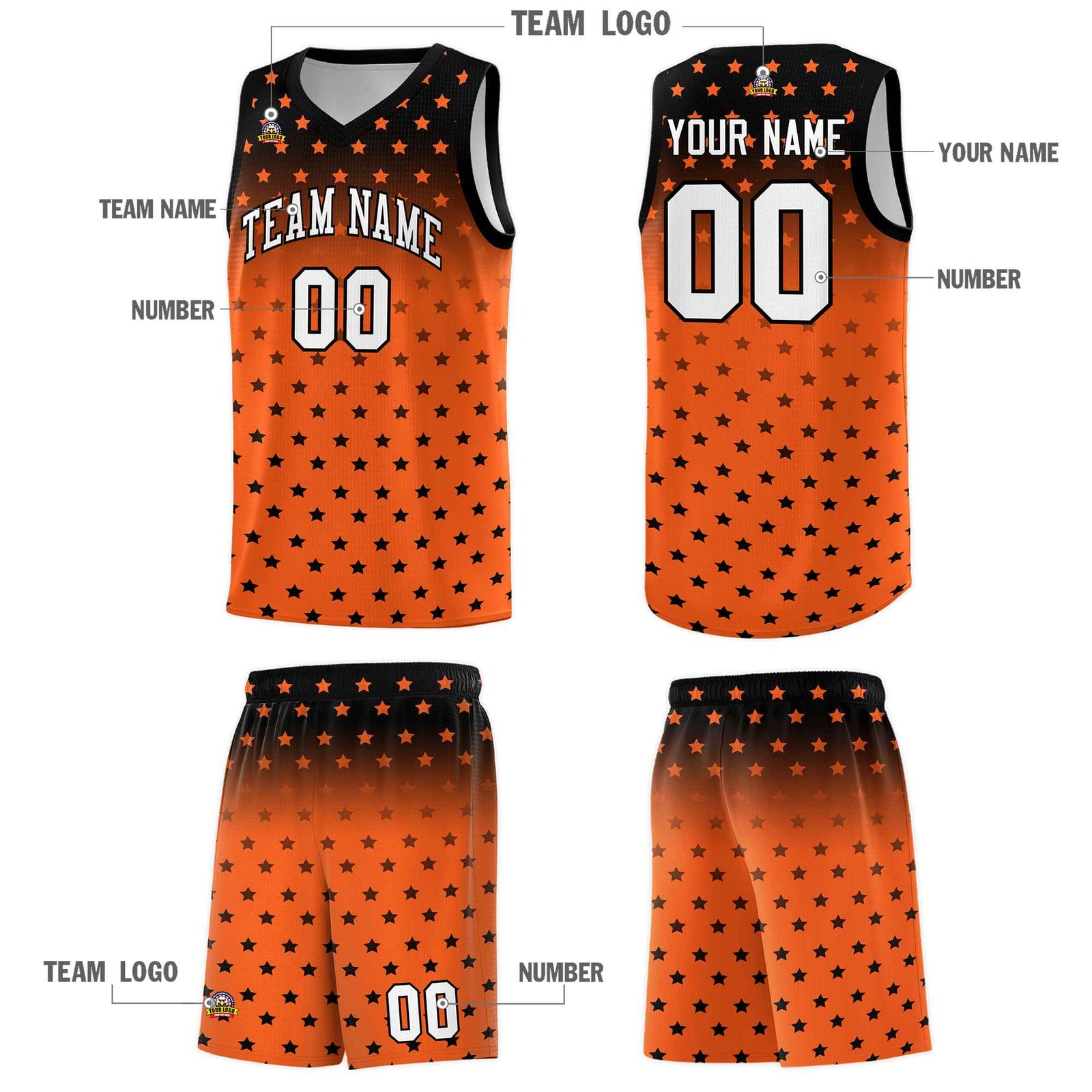 Custom Black Orange Gradient Start Pattern Basketball Jersey Sets