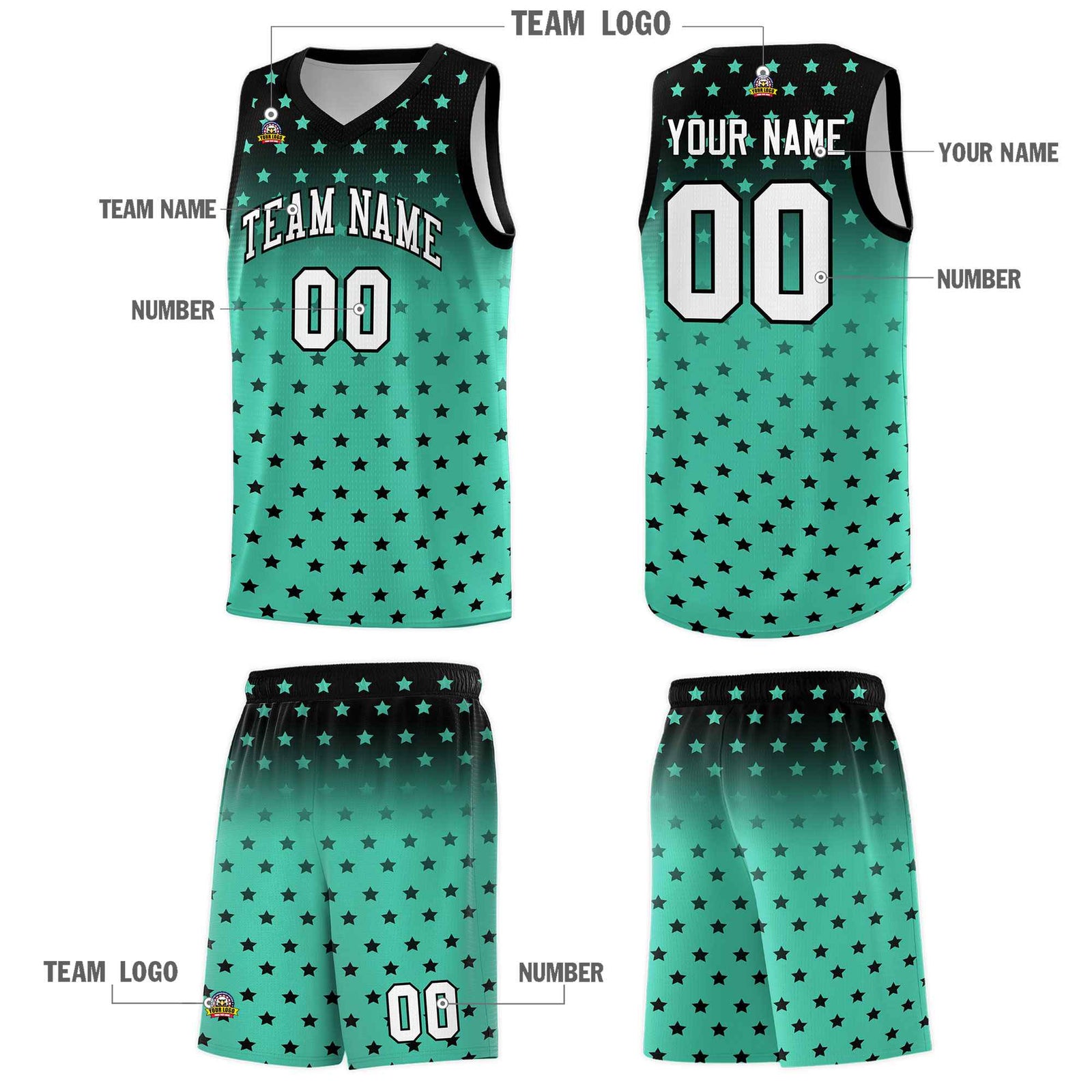 Custom Black Bright Green Gradient Start Pattern Basketball Jersey Sets