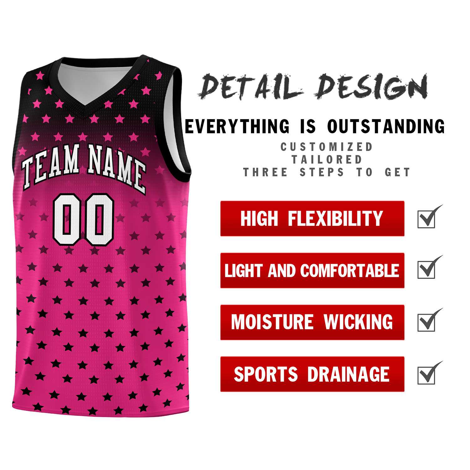 Custom Black Pink Gradient Start Pattern Basketball Jersey Sets