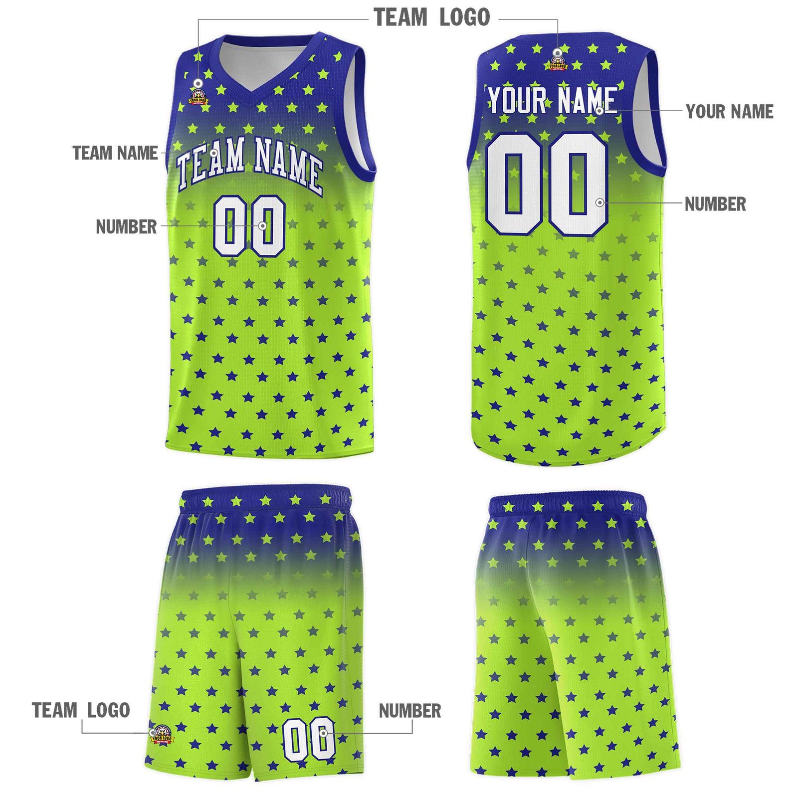 Custom Royal Light Green Gradient Start Pattern Basketball Jersey Sets