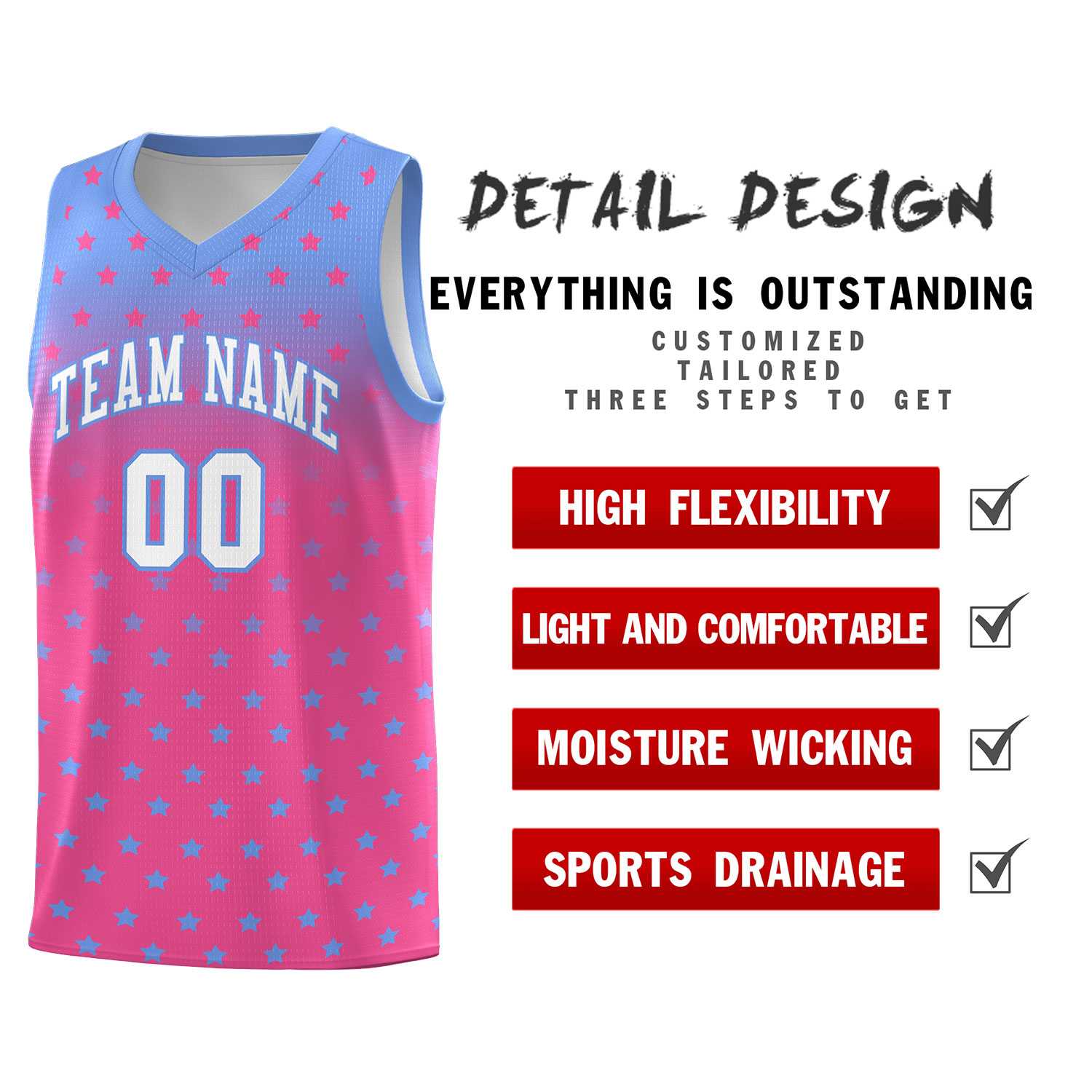 Custom Light Blue Pink Gradient Start Pattern Basketball Jersey Sets