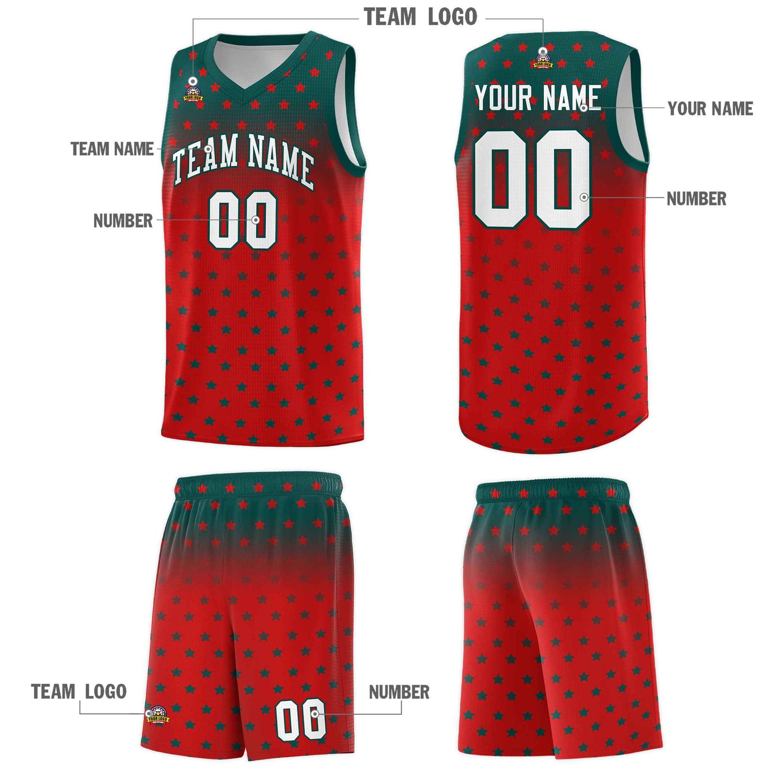 Custom Midnight Green Red Gradient Start Pattern Basketball Jersey Sets
