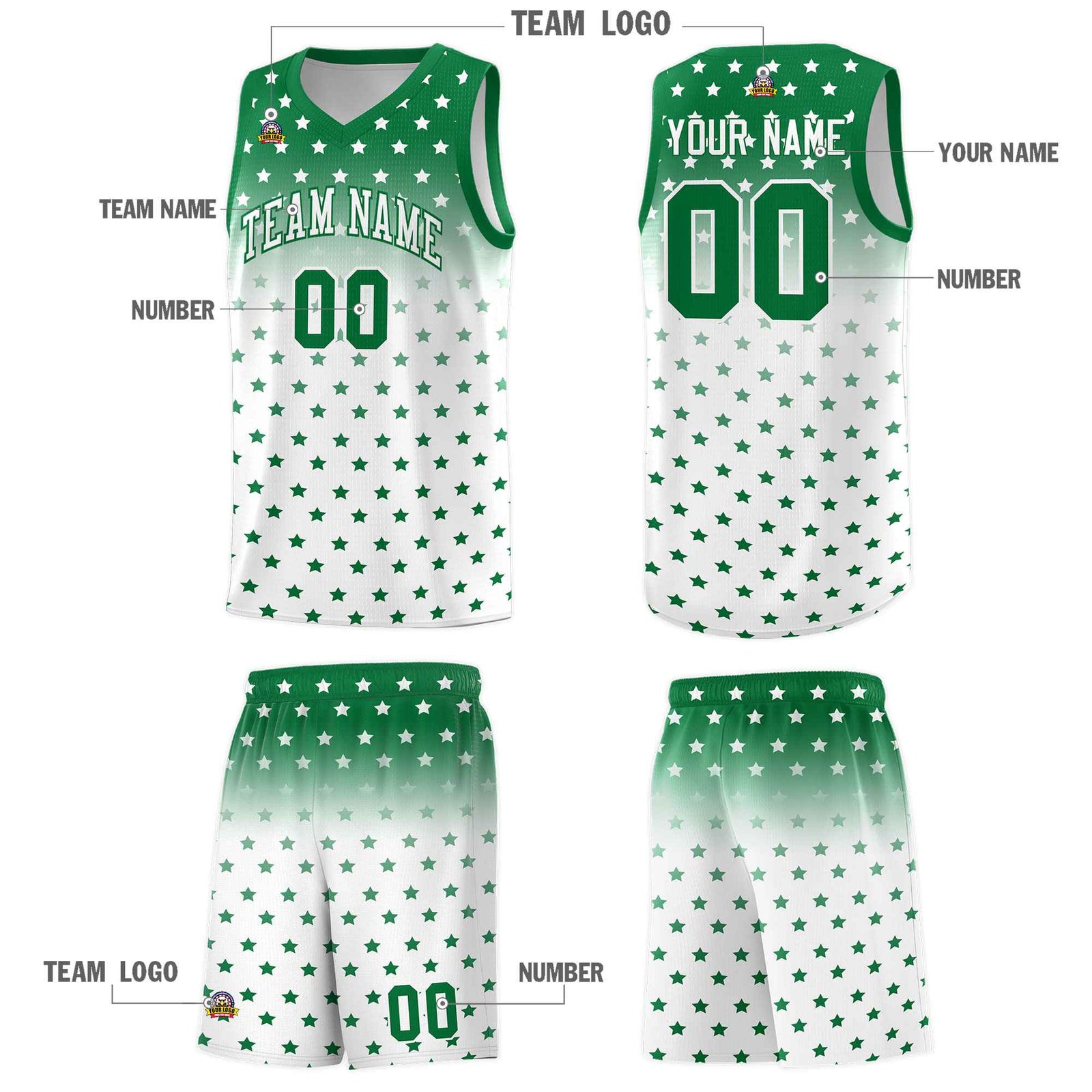 Custom Kelly Green White Gradient Start Pattern Basketball Jersey Sets