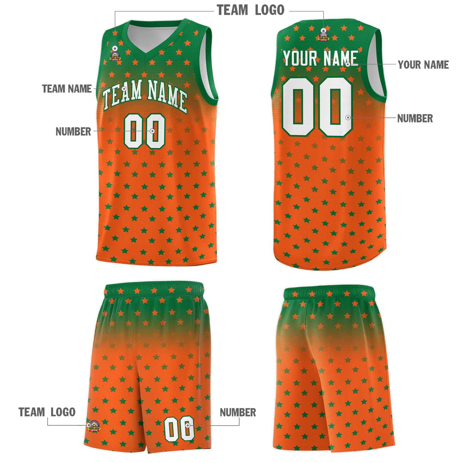 Custom Kelly Green Orange Gradient Start Pattern Basketball Jersey Sets