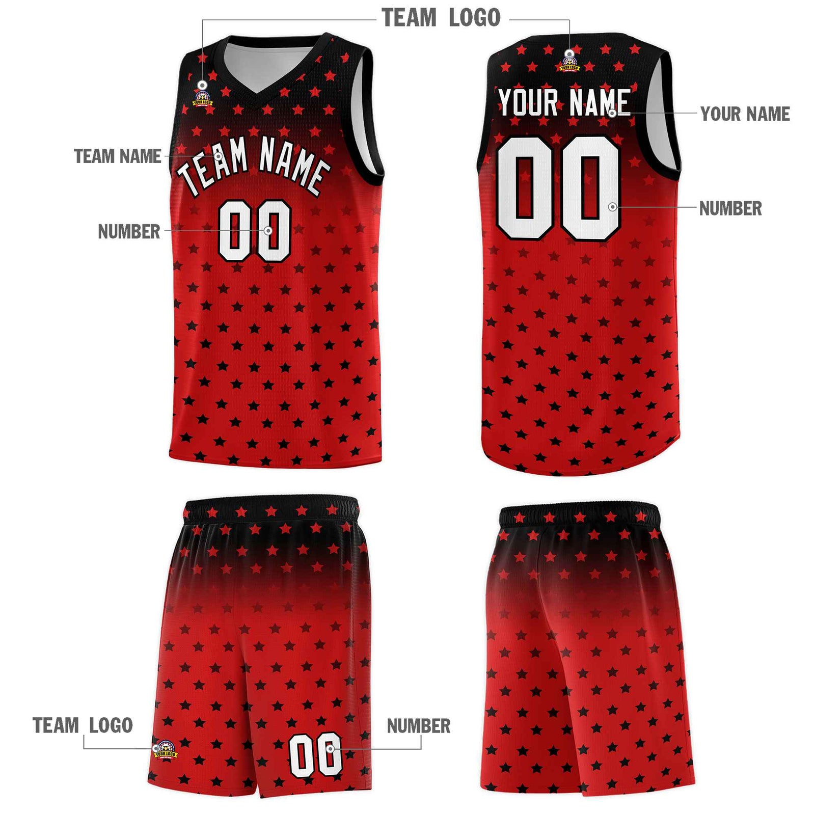 Custom Black Red Gradient Start Pattern Basketball Jersey Sets