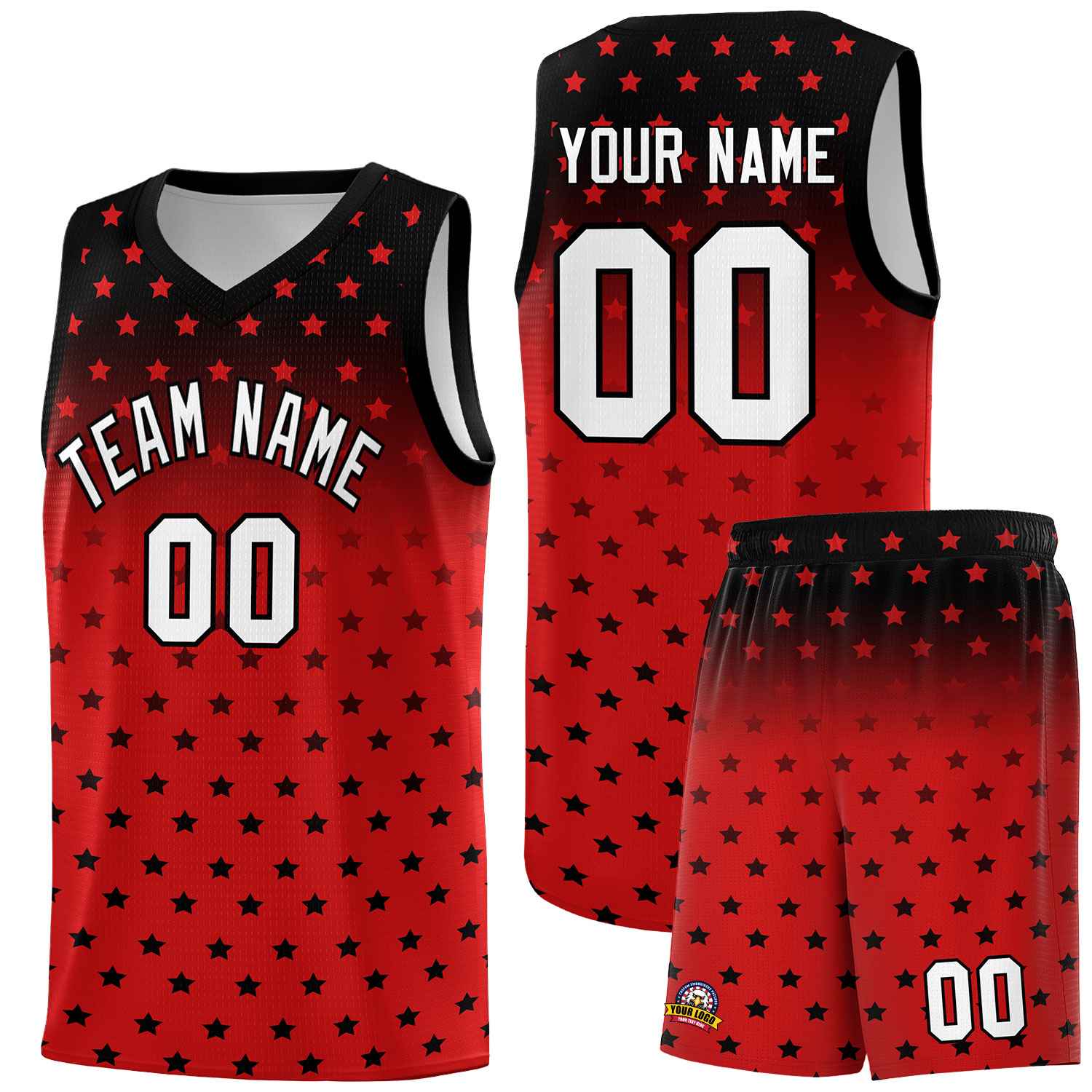 Custom Black Red Gradient Start Pattern Basketball Jersey Sets