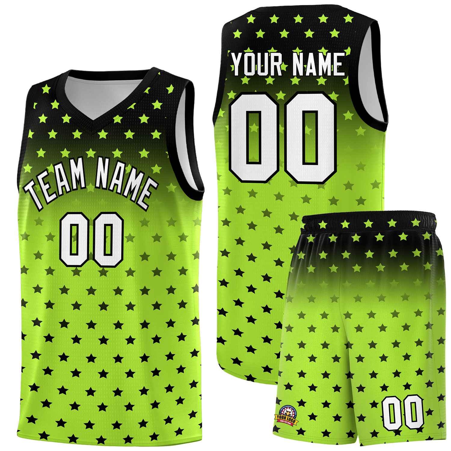 Custom Black Light Green Gradient Start Pattern Basketball Jersey Sets