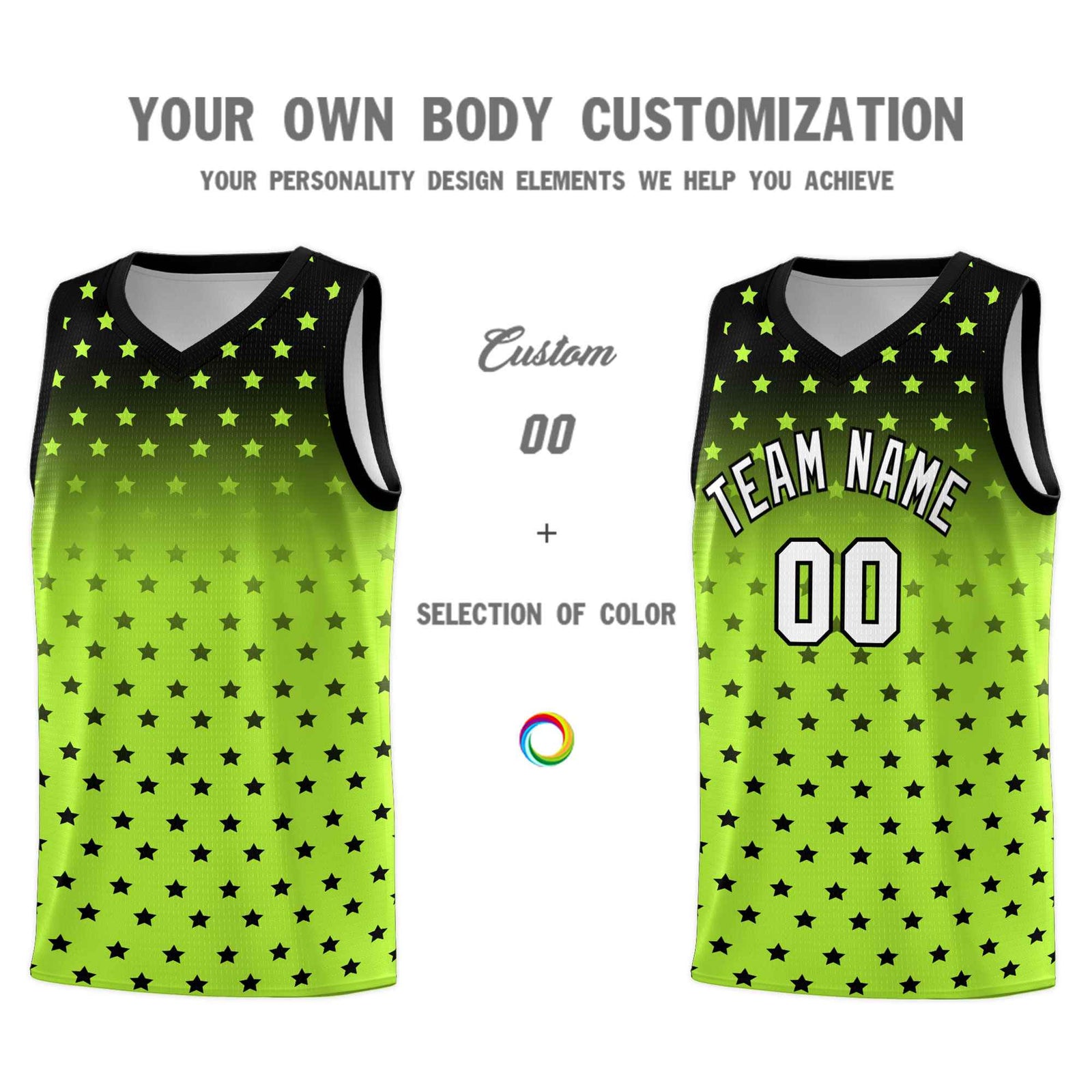Custom Black Light Green Gradient Start Pattern Basketball Jersey Sets