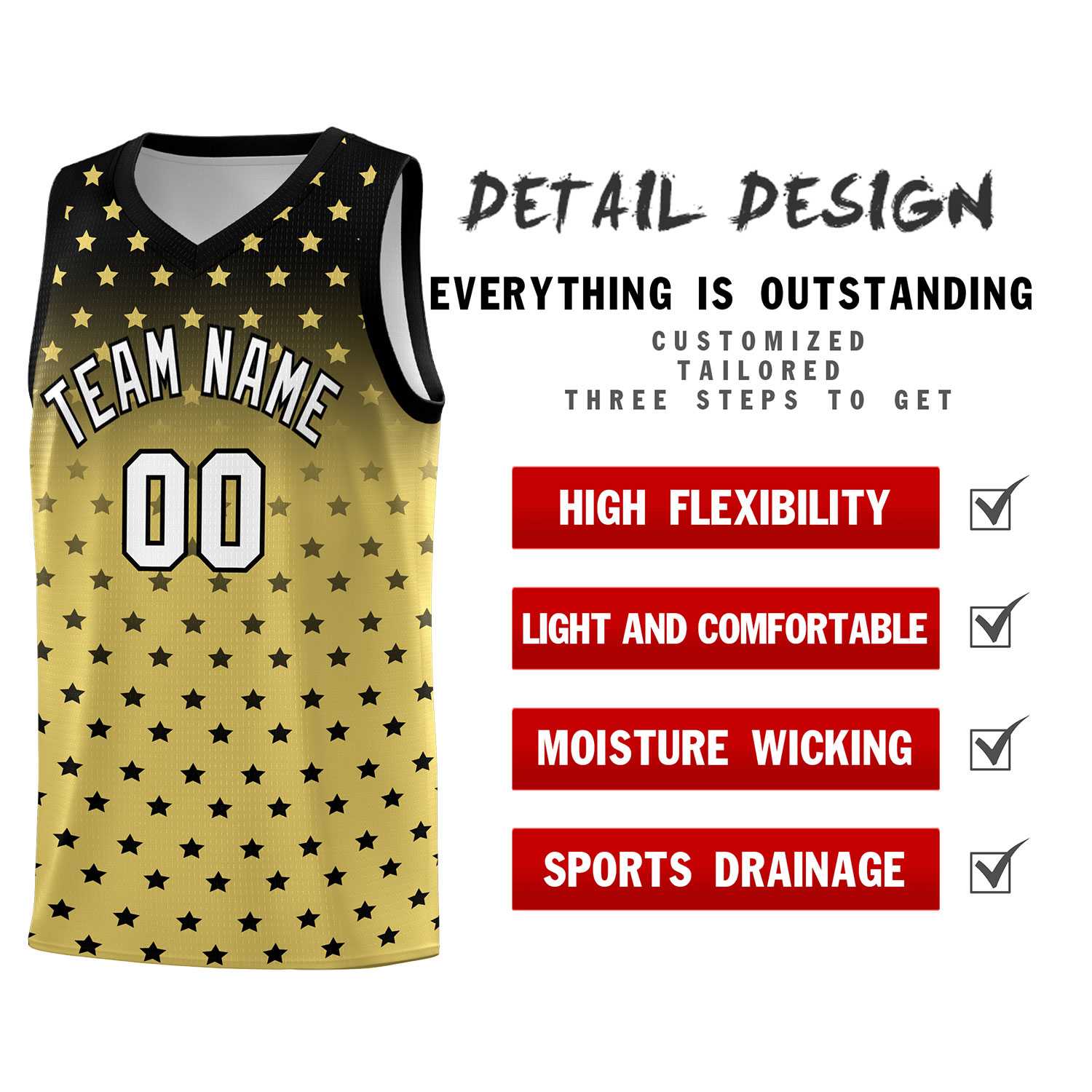 Custom Black Old Gold Gradient Start Pattern Basketball Jersey Sets