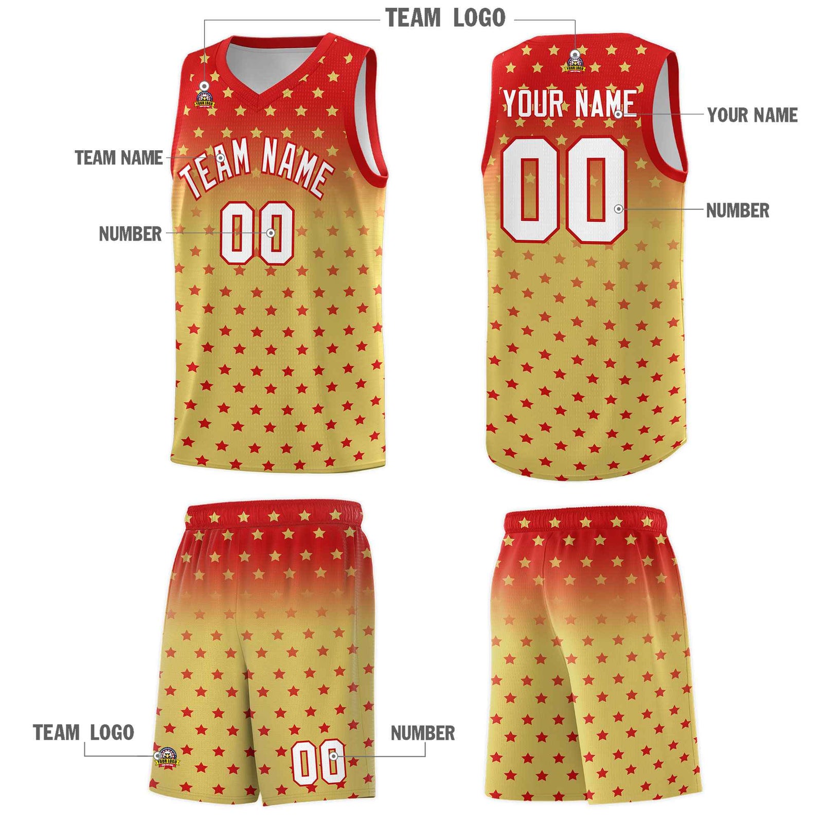 Custom Red Old Gold Gradient Start Pattern Basketball Jersey Sets