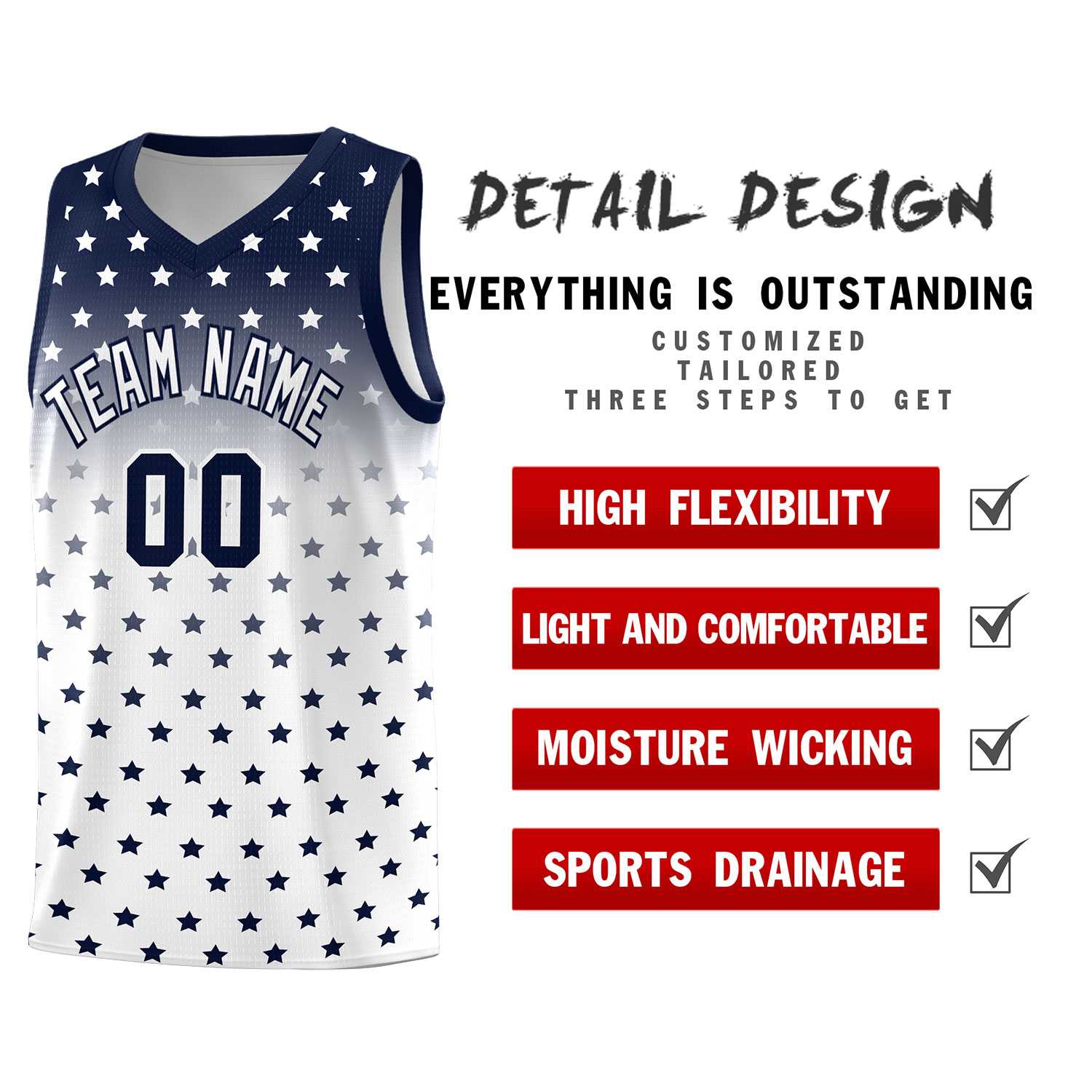 Custom Navy White Gradient Start Pattern Basketball Jersey Sets