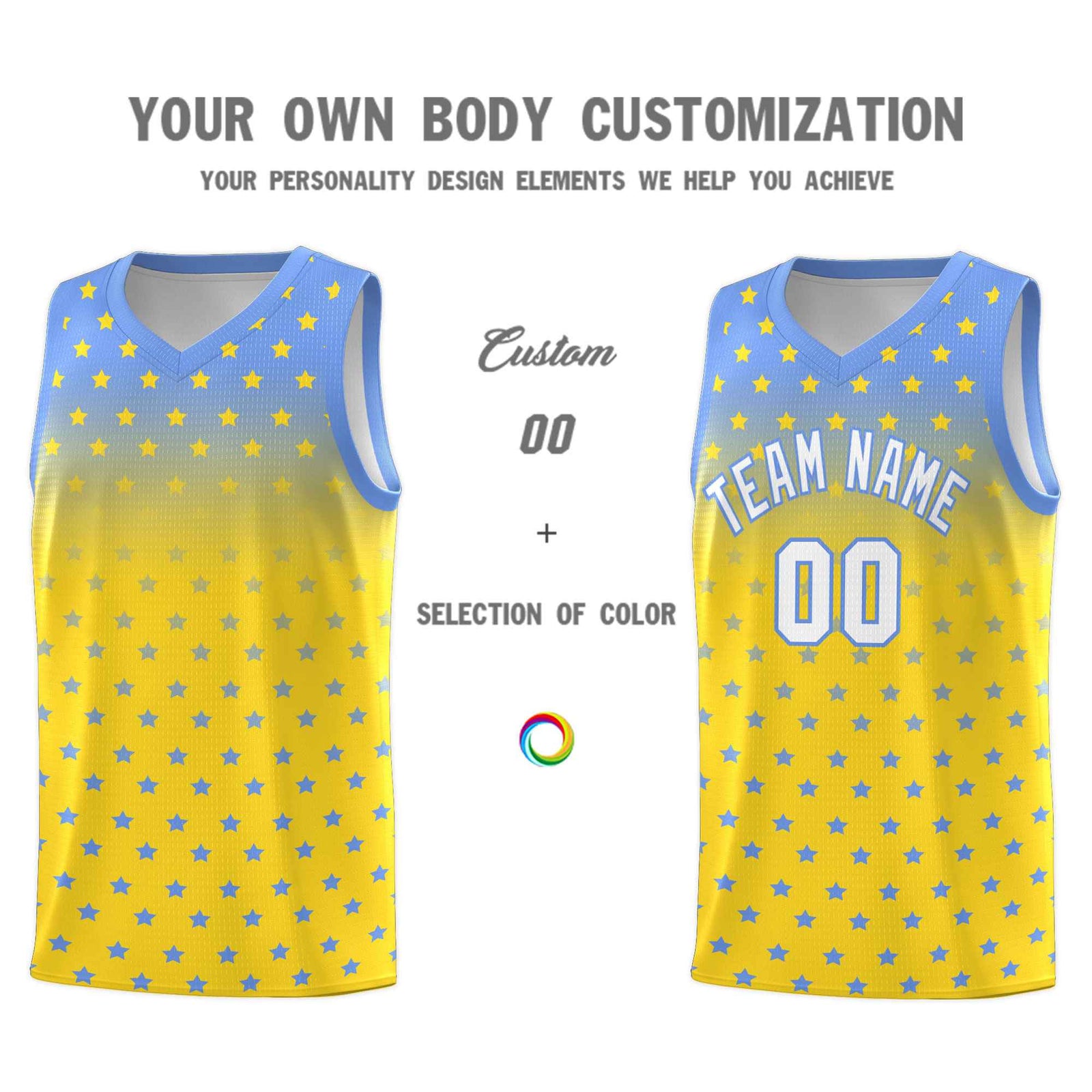 Custom Light Blue Gold Gradient Start Pattern Basketball Jersey Sets
