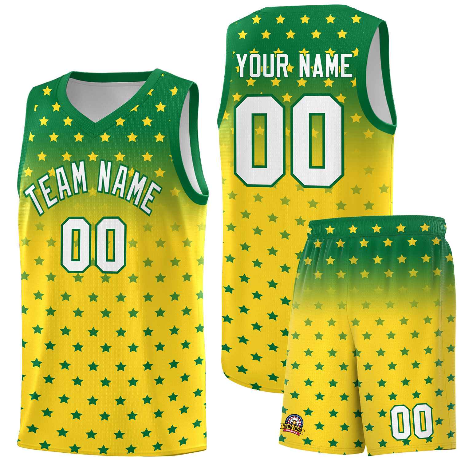 Custom Kelly Green Gold Gradient Start Pattern Basketball Jersey Sets