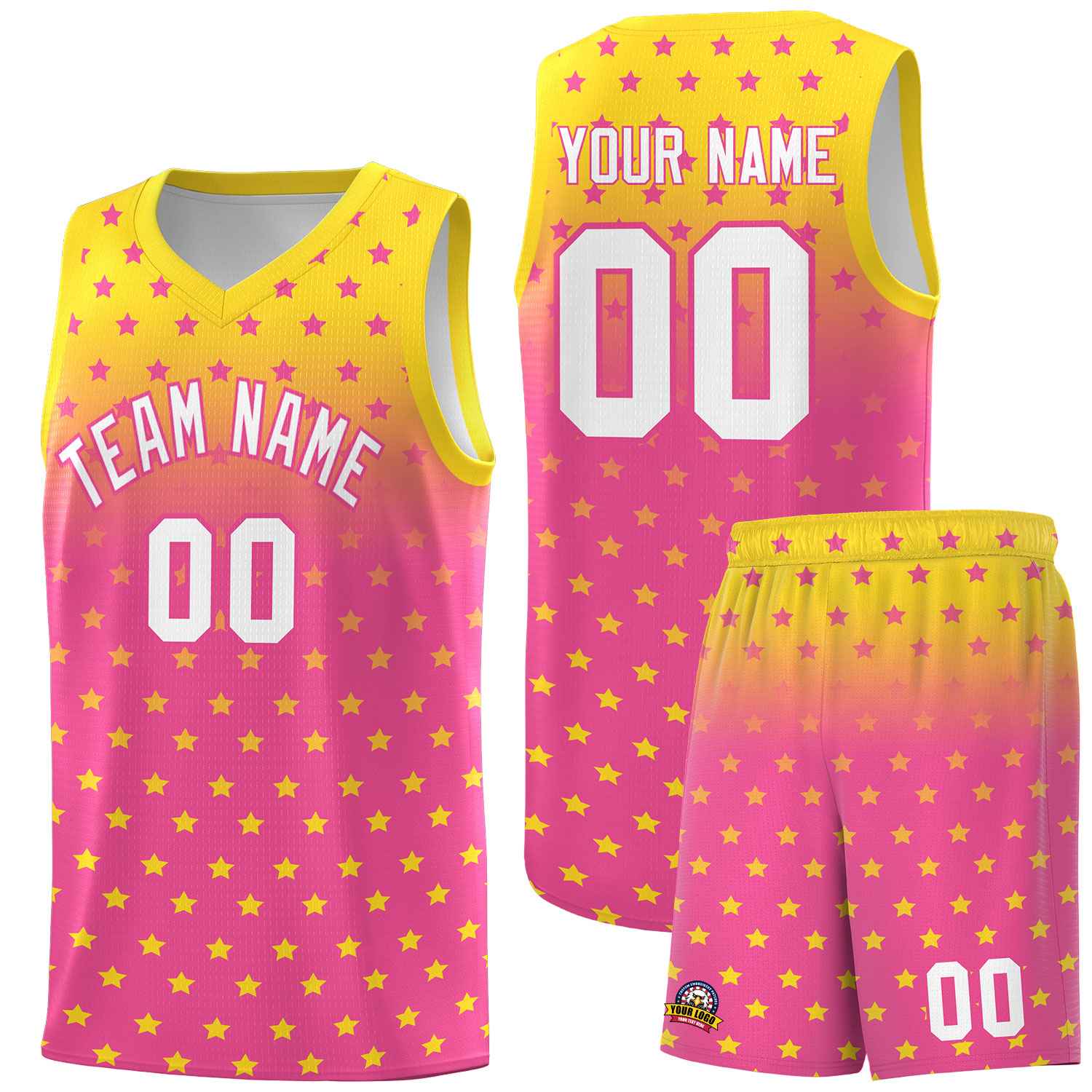Custom Gold Pink Gradient Start Pattern Basketball Jersey Sets