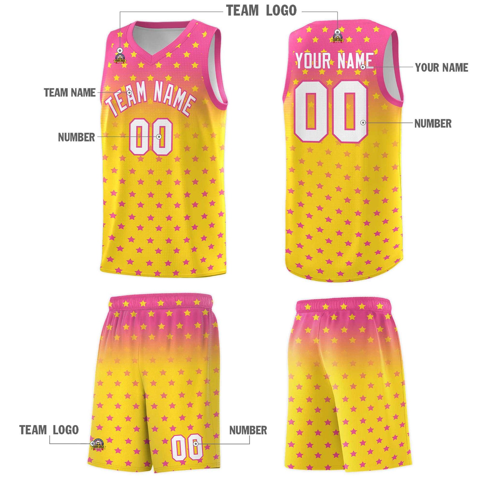 Custom Pink Gold Gradient Start Pattern Basketball Jersey Sets