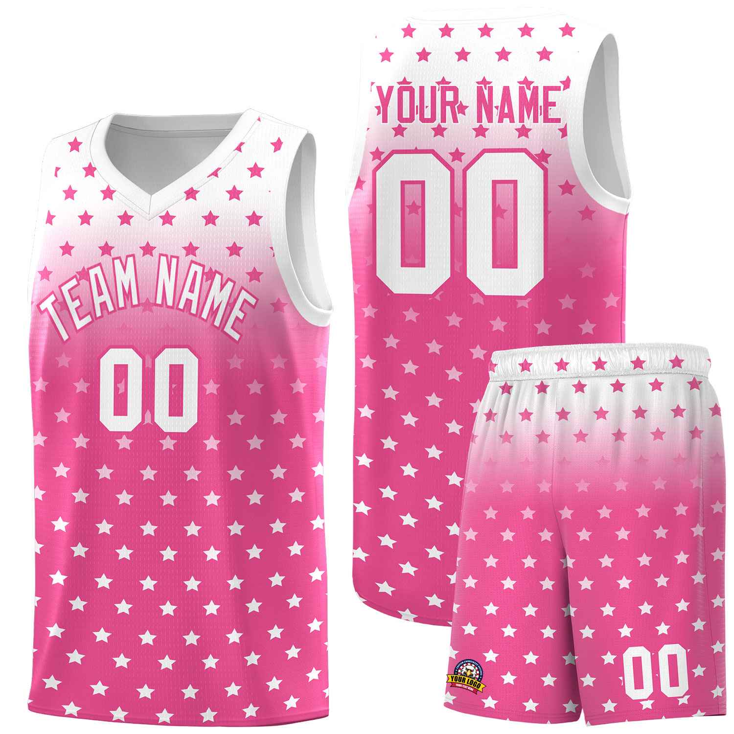 Custom White Pink Gradient Start Pattern Basketball Jersey Sets