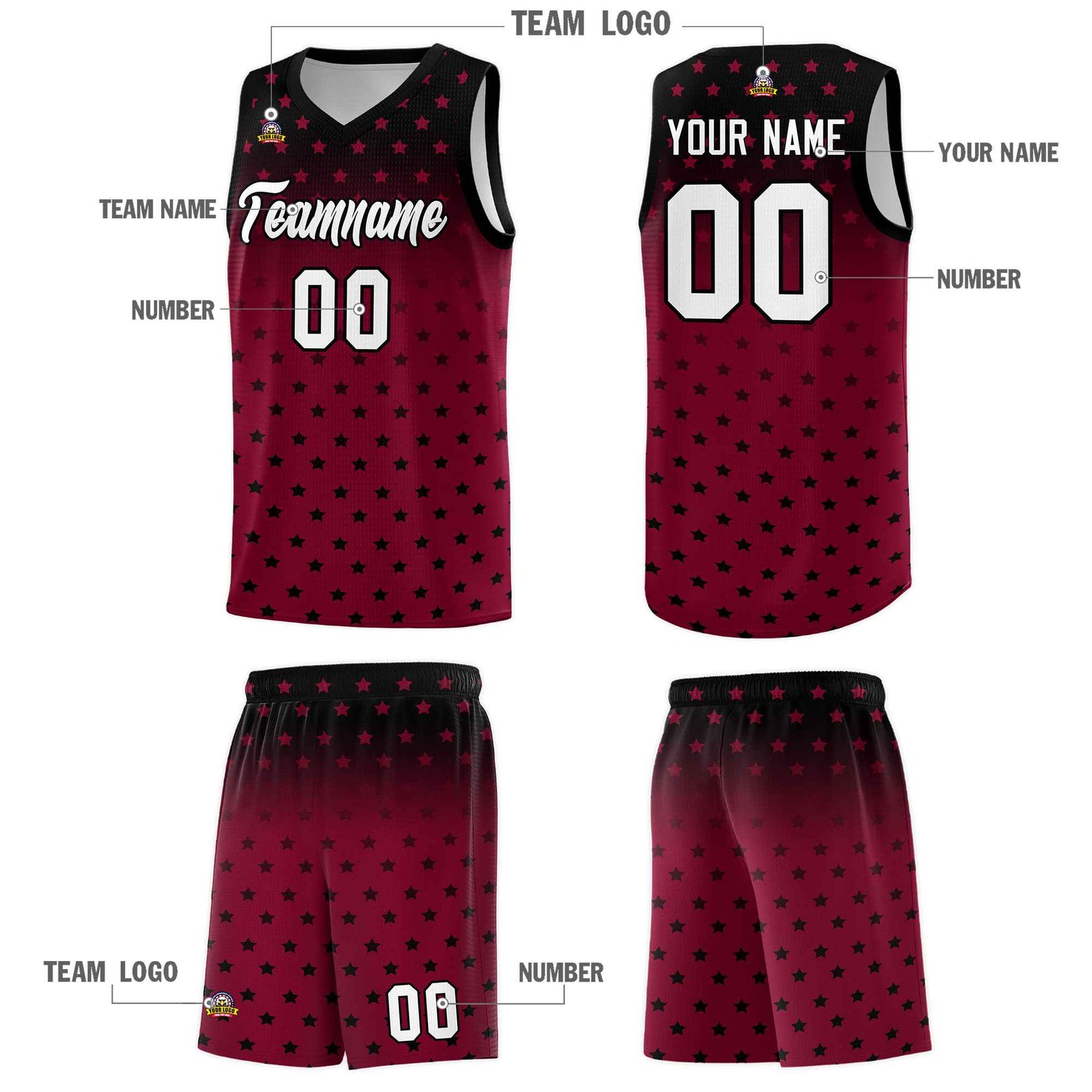 Custom Black Crimson Gradient Start Pattern Basketball Jersey Sets