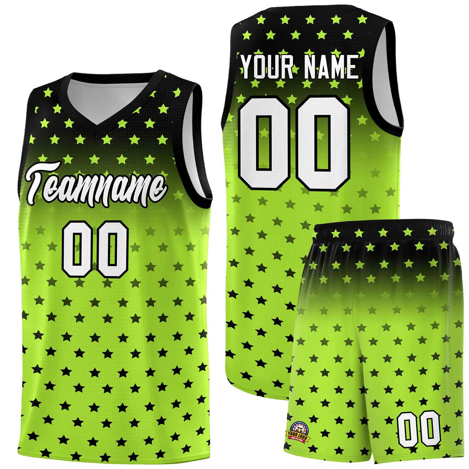 Custom Black Light Green Gradient Start Pattern Basketball Jersey Sets