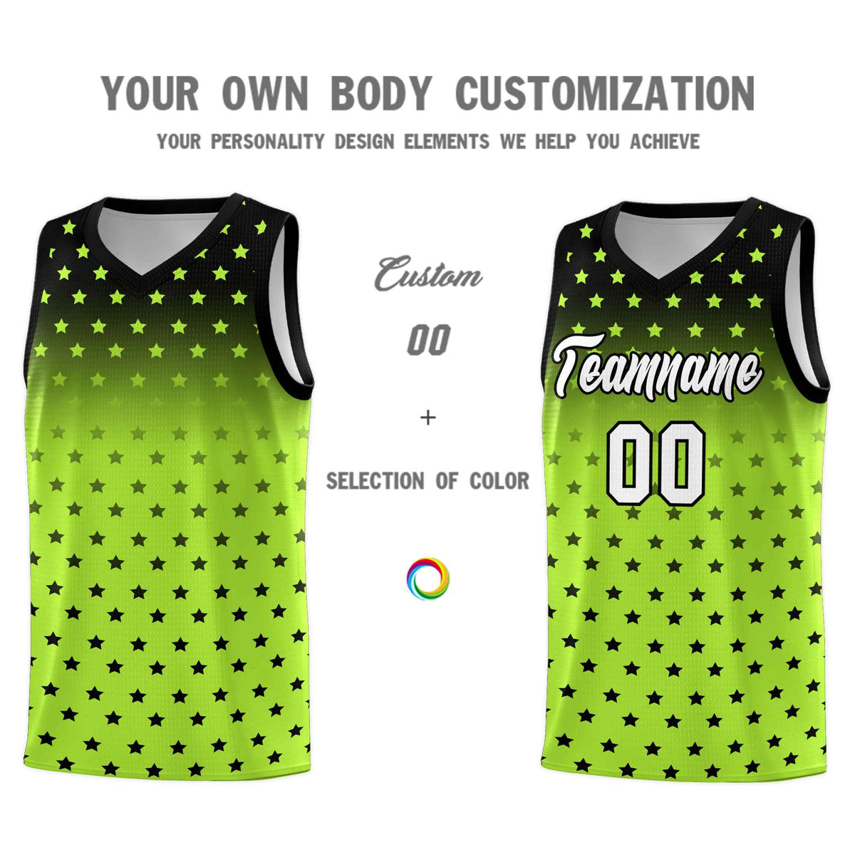 Custom Black Light Green Gradient Start Pattern Basketball Jersey Sets